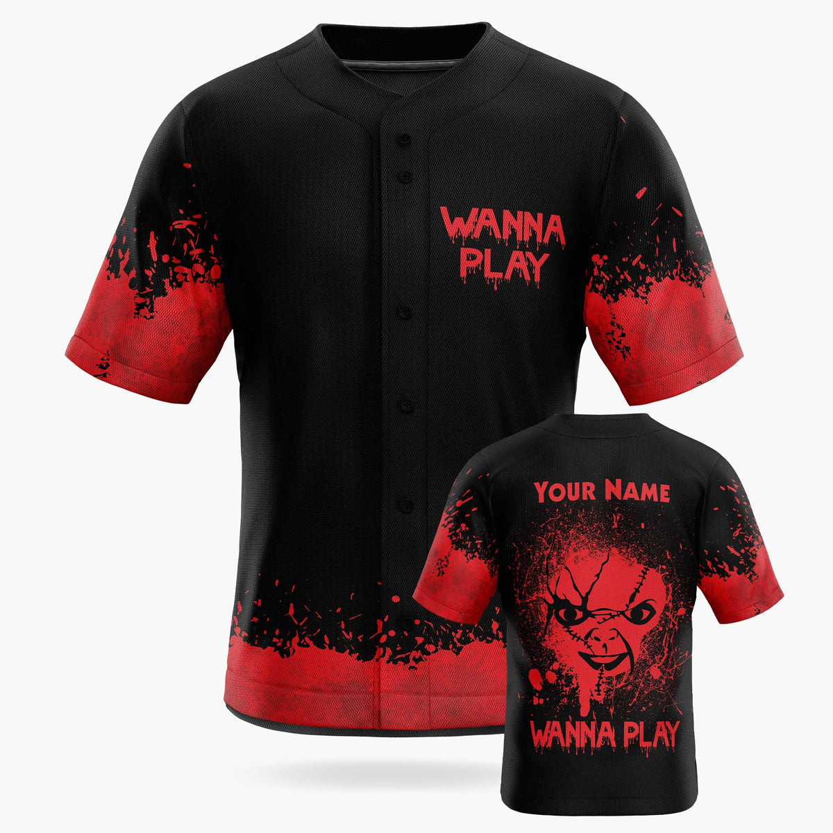 Custom Halloween Baseball Jersey - Horror Movie Design Wanna Play - Add Your Name