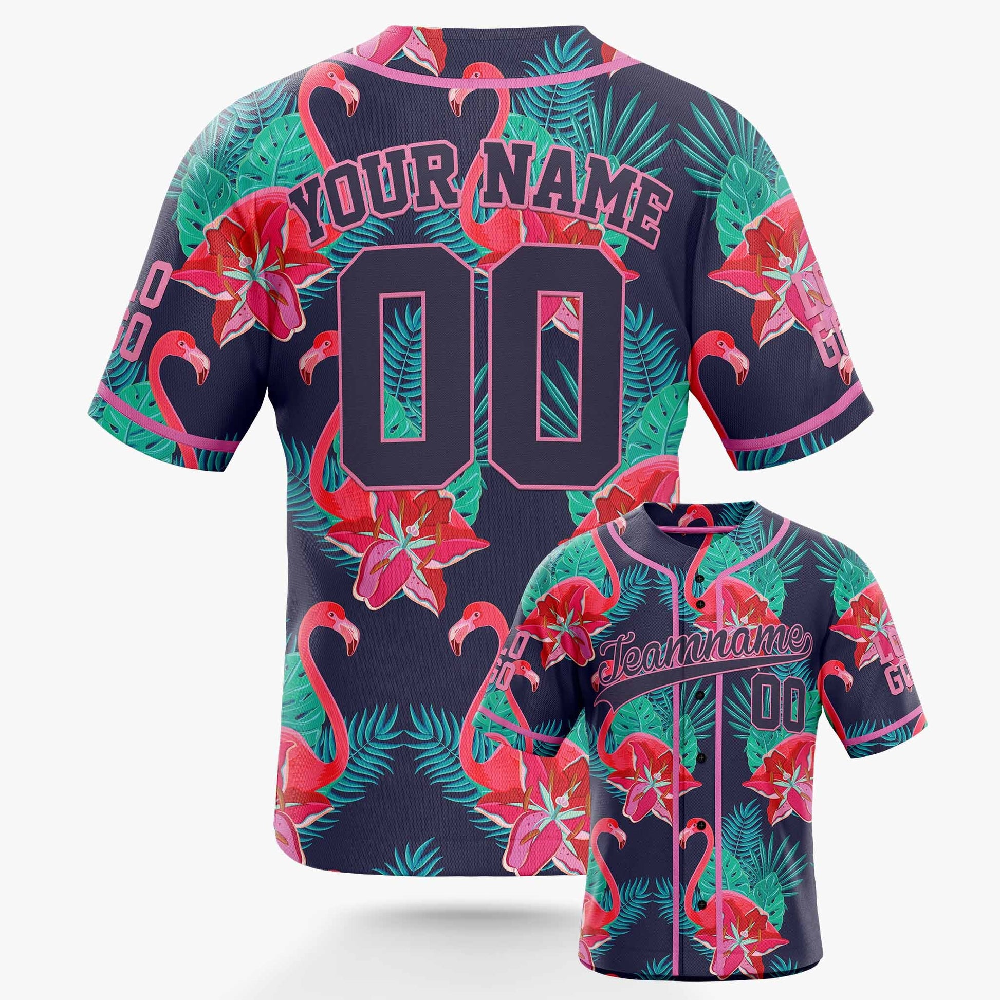 Custom Hawaiian Baseball Jersey Flamingo With Pink Piping - Design Your Own