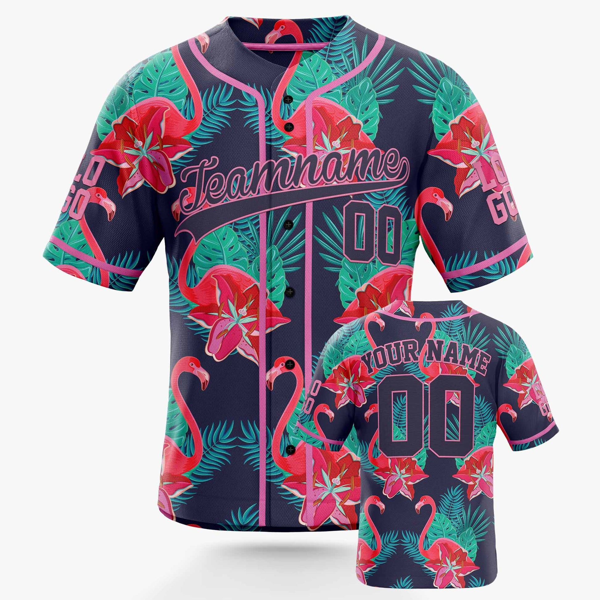 Custom Hawaiian Baseball Jersey Flamingo With Pink Piping - Design Your Own