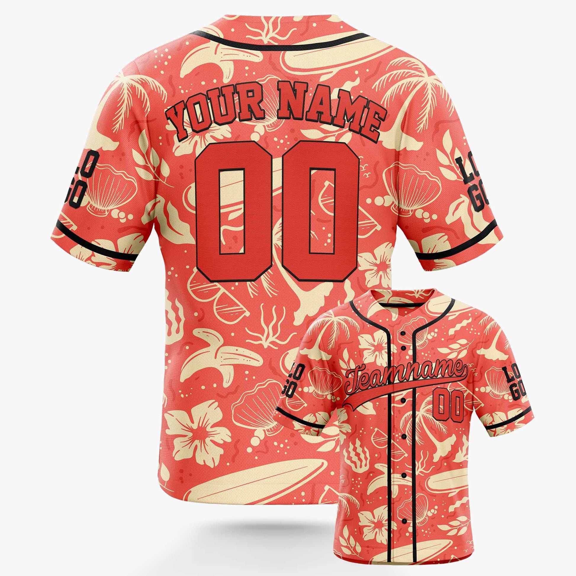 Custom Hawaiian Baseball Jersey Salmon and Black With Piping - Design Your Own