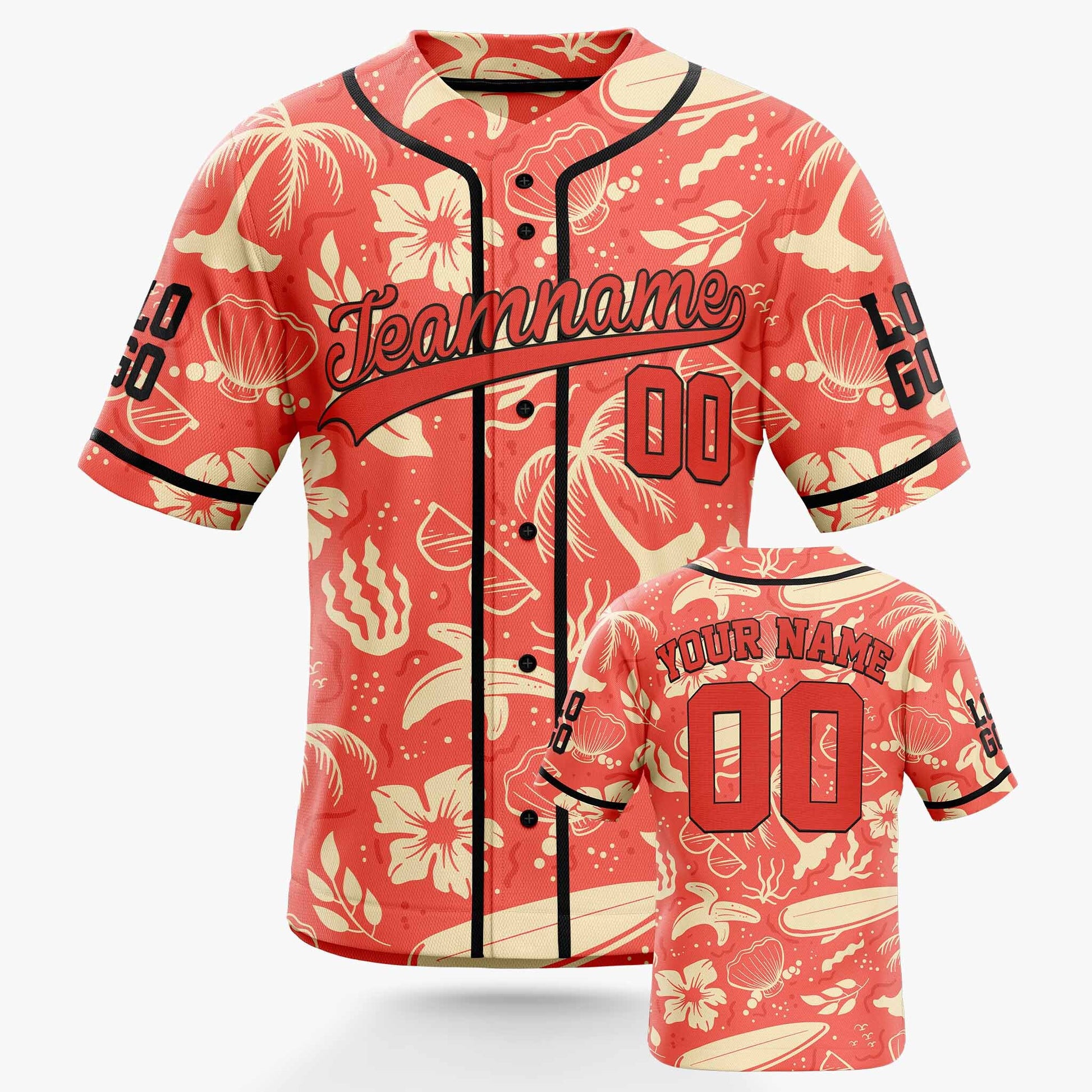 Custom Hawaiian Baseball Jersey Salmon and Black With Piping - Design Your Own