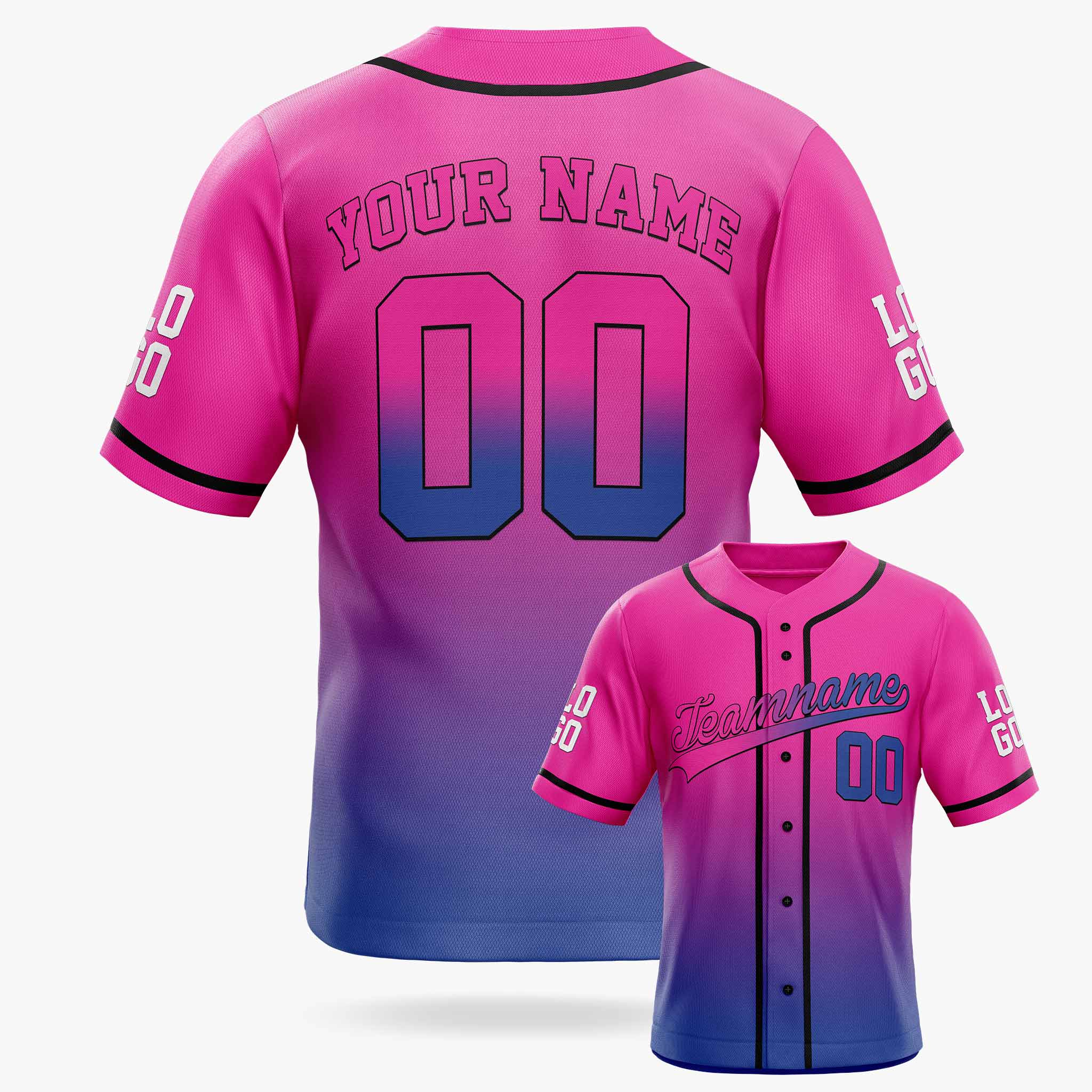 Custom Gradient Baseball Jersey Hot Pink and Cobalt With Black Piping - Design Your Own