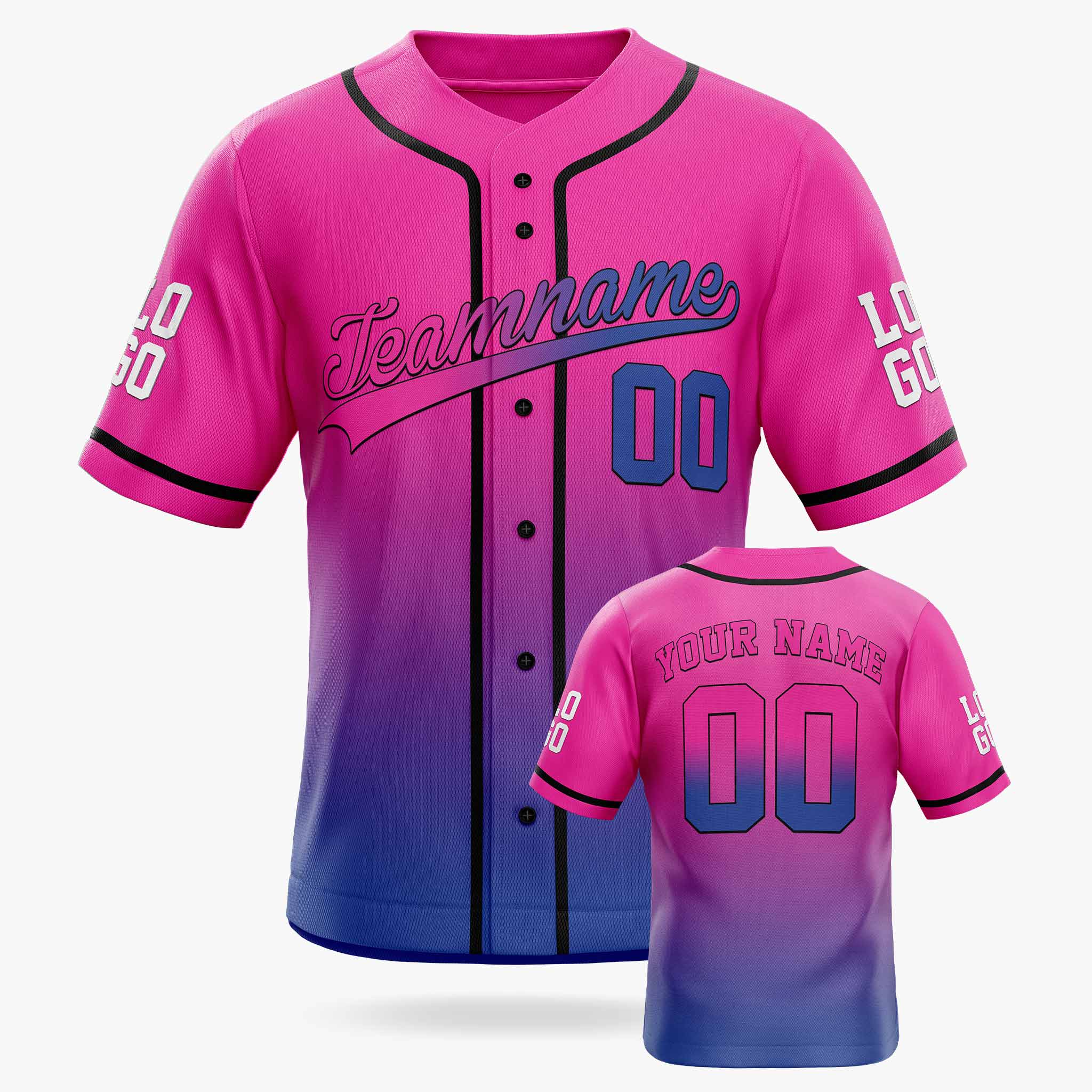 Custom Gradient Baseball Jersey Hot Pink and Cobalt With Black Piping - Design Your Own