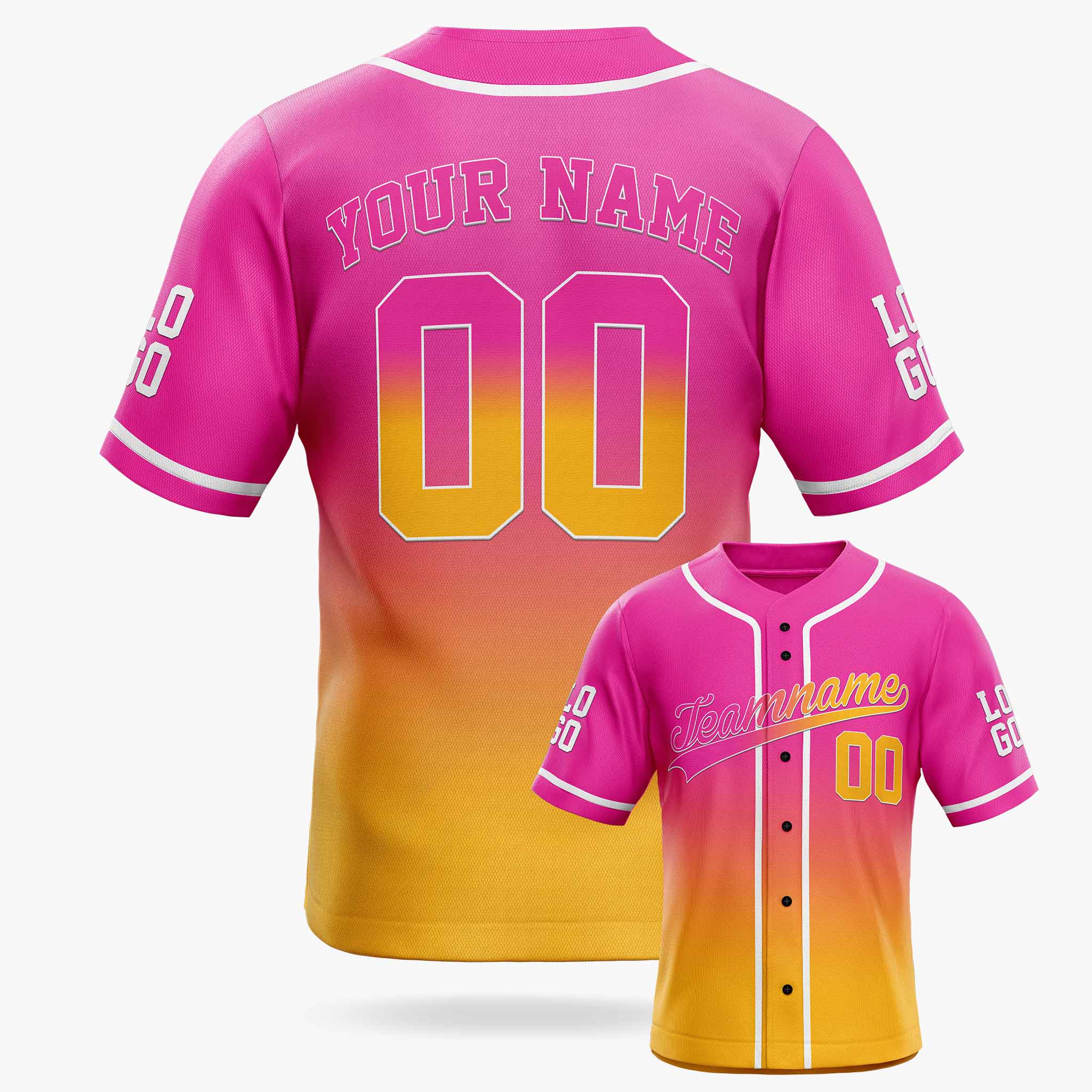 Custom Gradient Baseball Jersey Hot Pink and Yellow With White Piping - Design Your Own