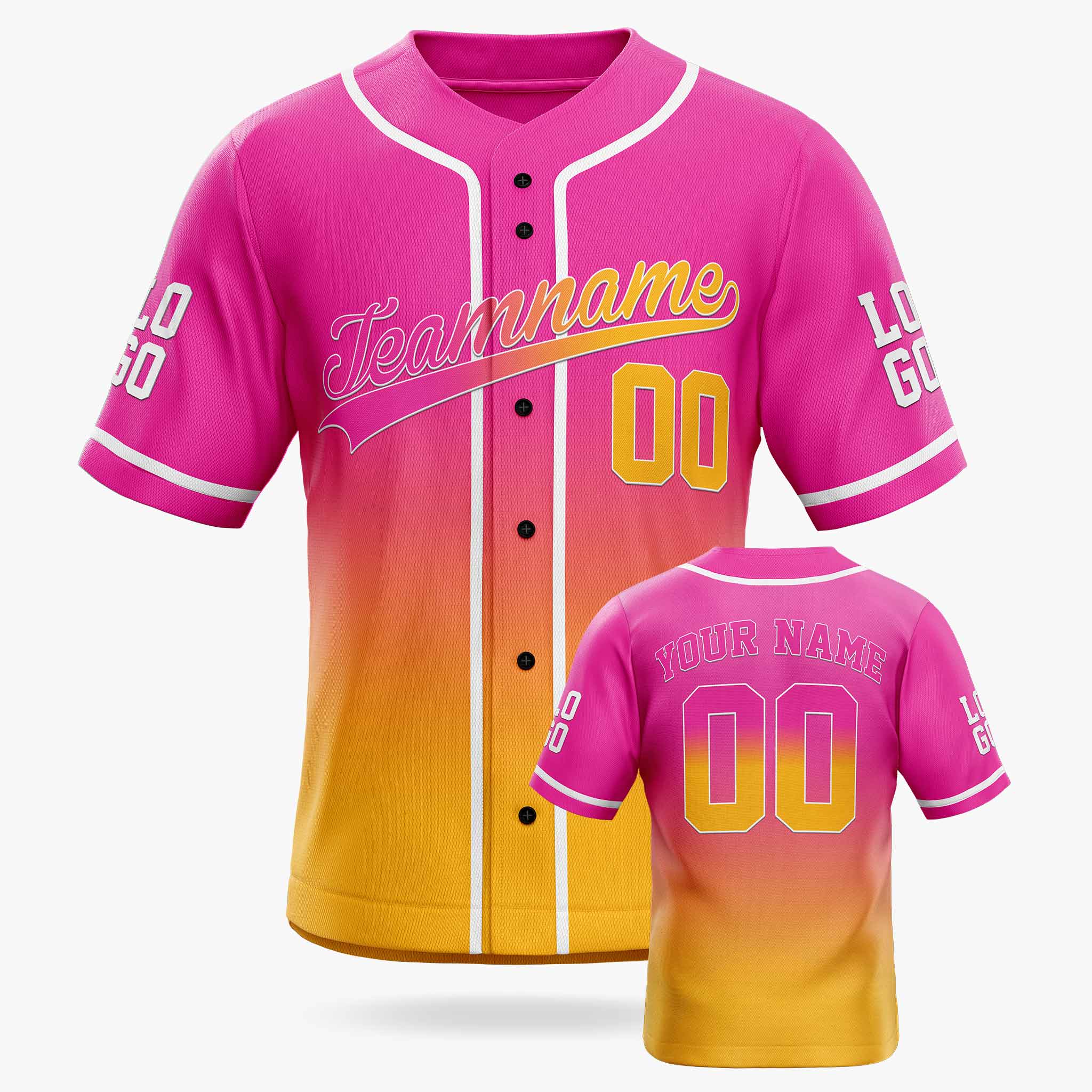 Custom Gradient Baseball Jersey Hot Pink and Yellow With White Piping - Design Your Own