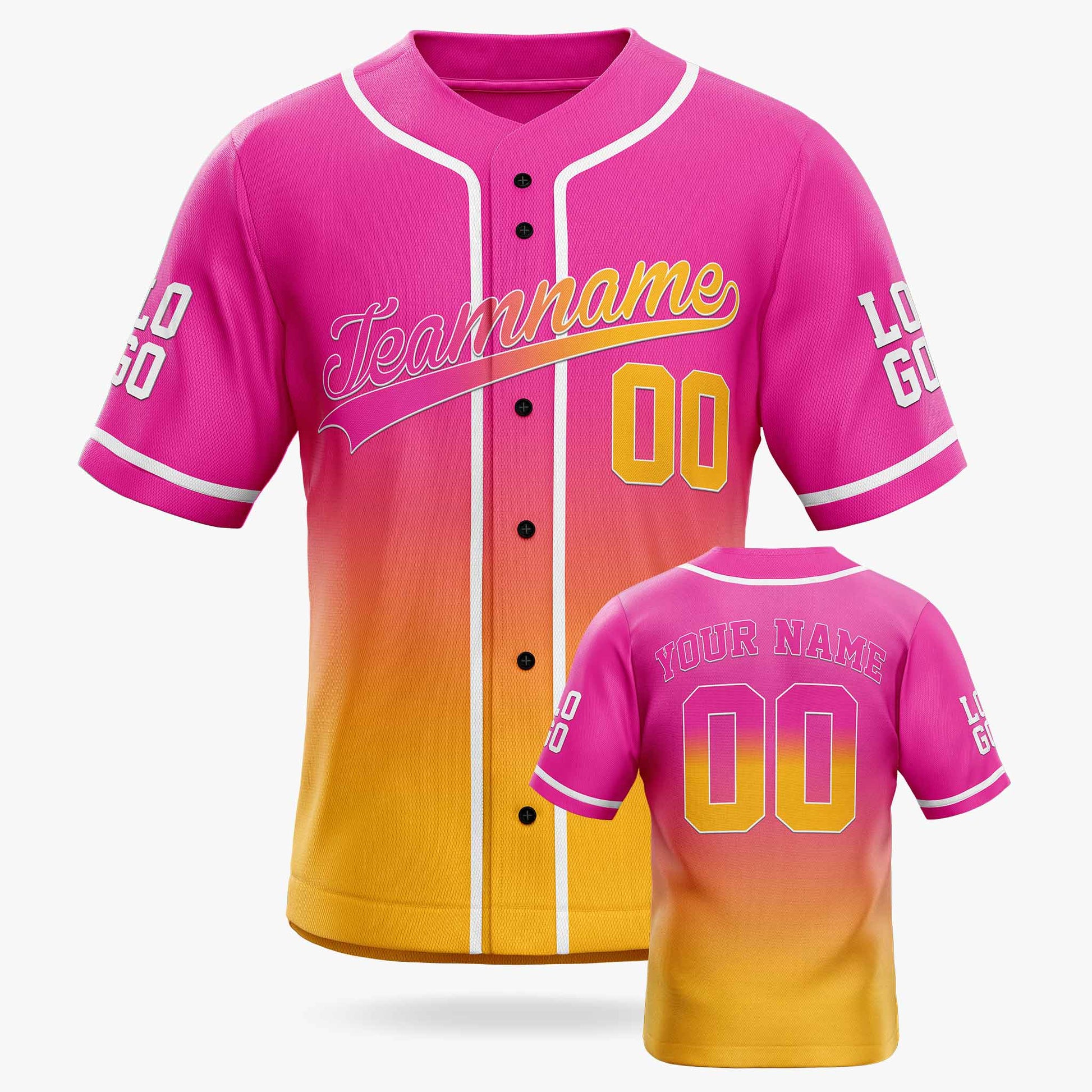Custom Gradient Baseball Jersey Hot Pink and Yellow With White Piping - Design Your Own