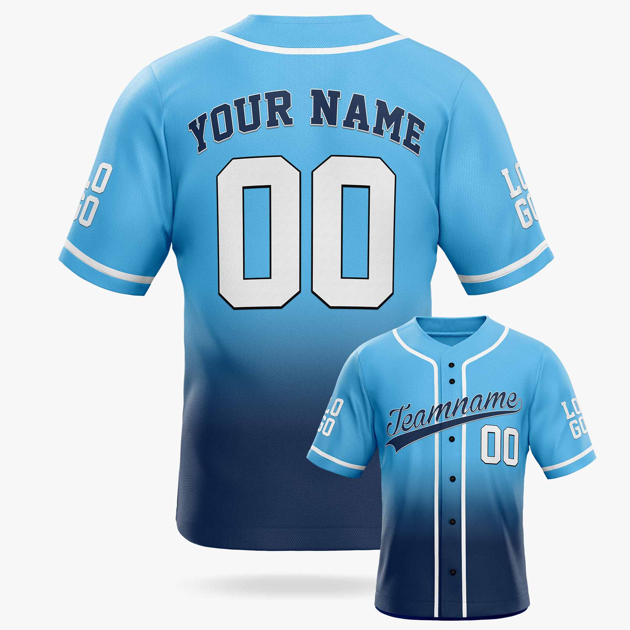 Custom Gradient Baseball Jersey Light Blue and Navy With Piping - Design Your Own