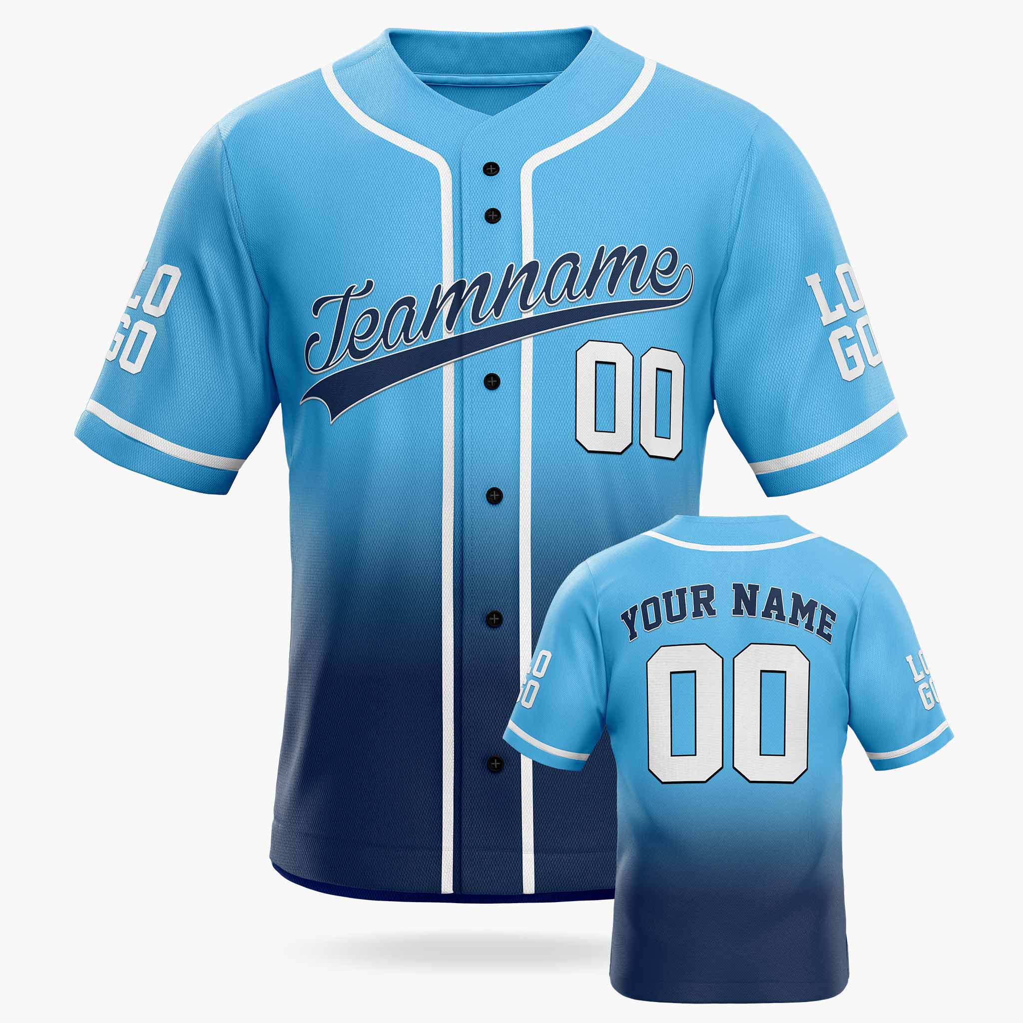 Custom Gradient Baseball Jersey Light Blue and Navy With Piping - Design Your Own