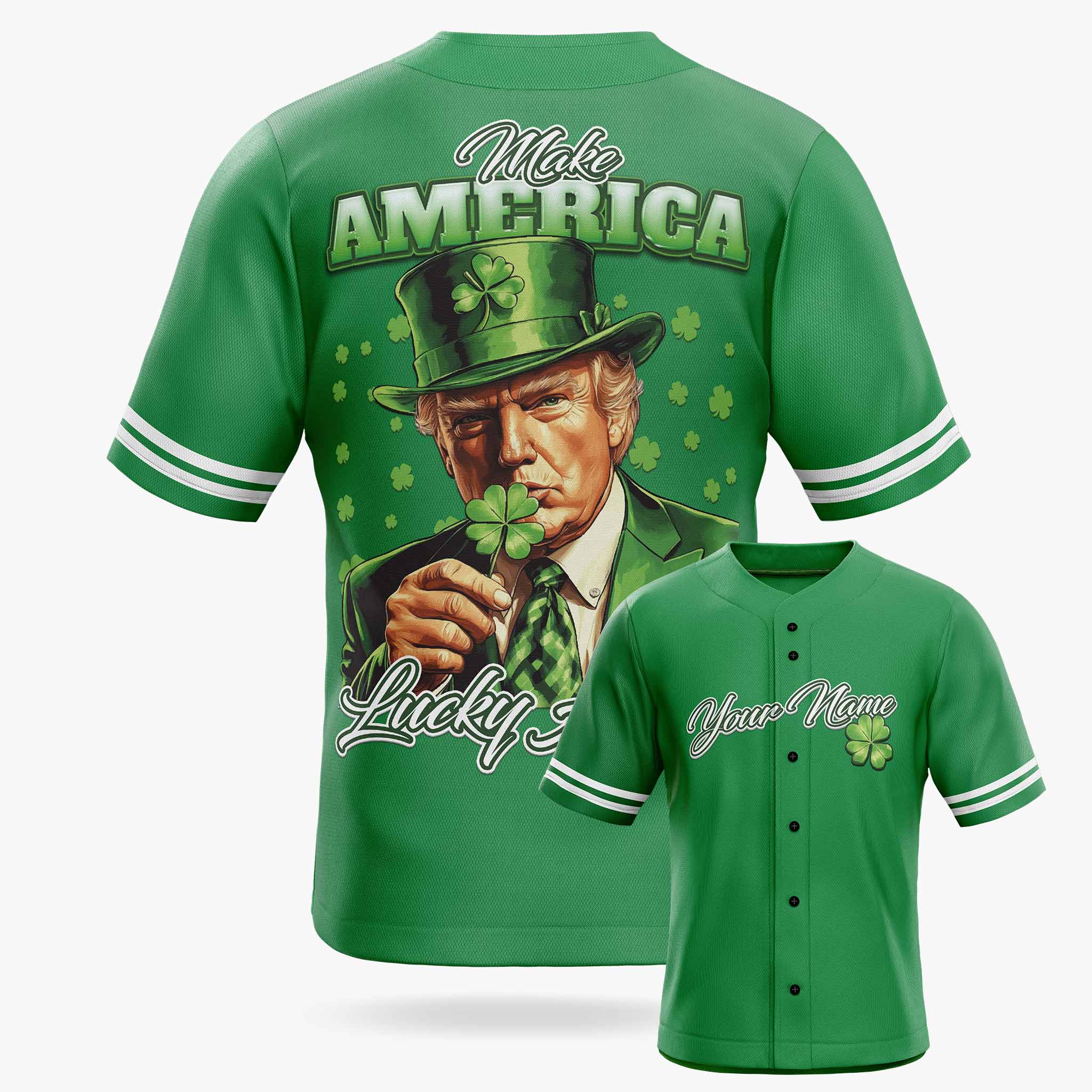 Custom St. Patrick's Day Baseball Jersey Make America Lucky Again - Design Your Own