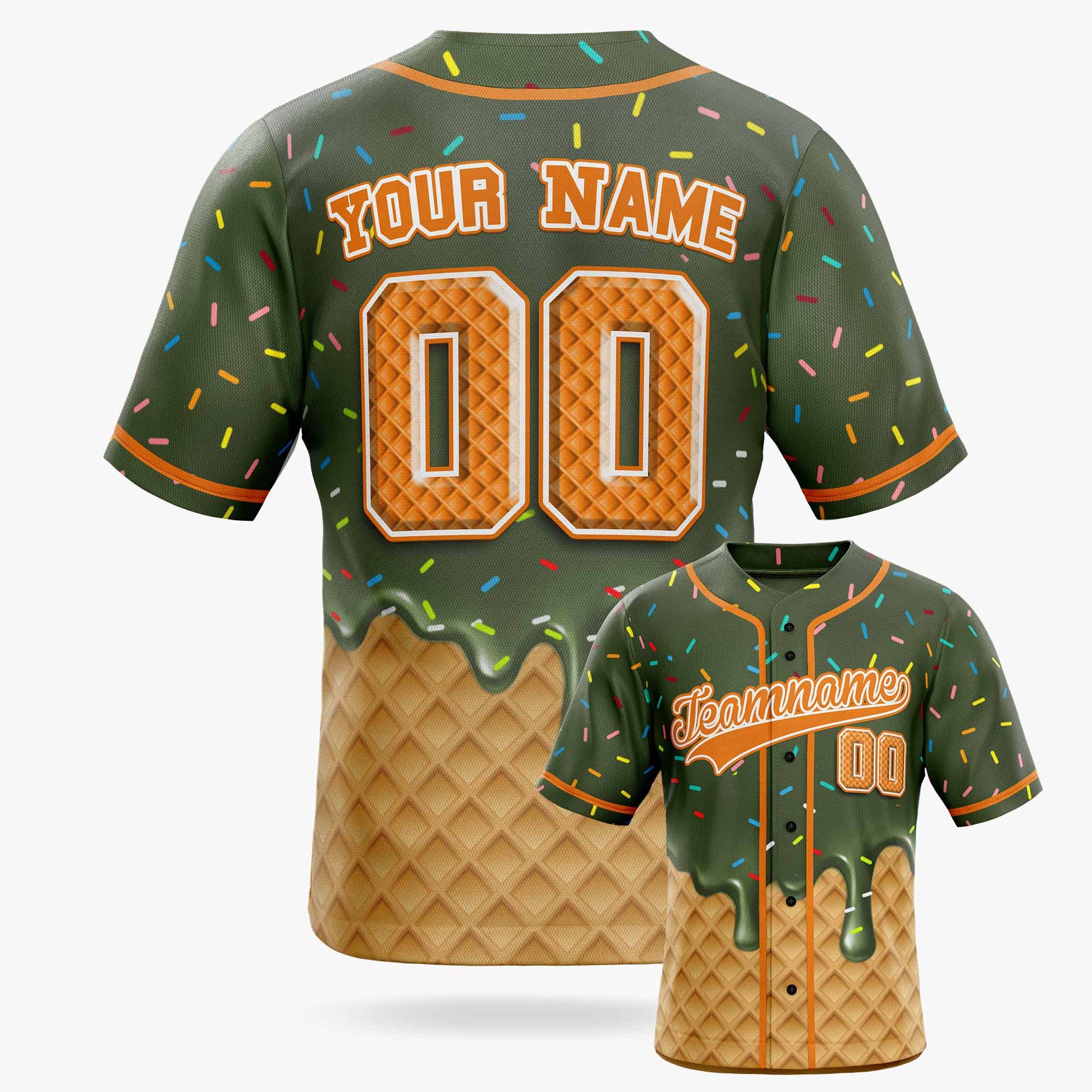 Custom Ice Cream Baseball Jersey Military Green and Orange with Piping - Design Your Own