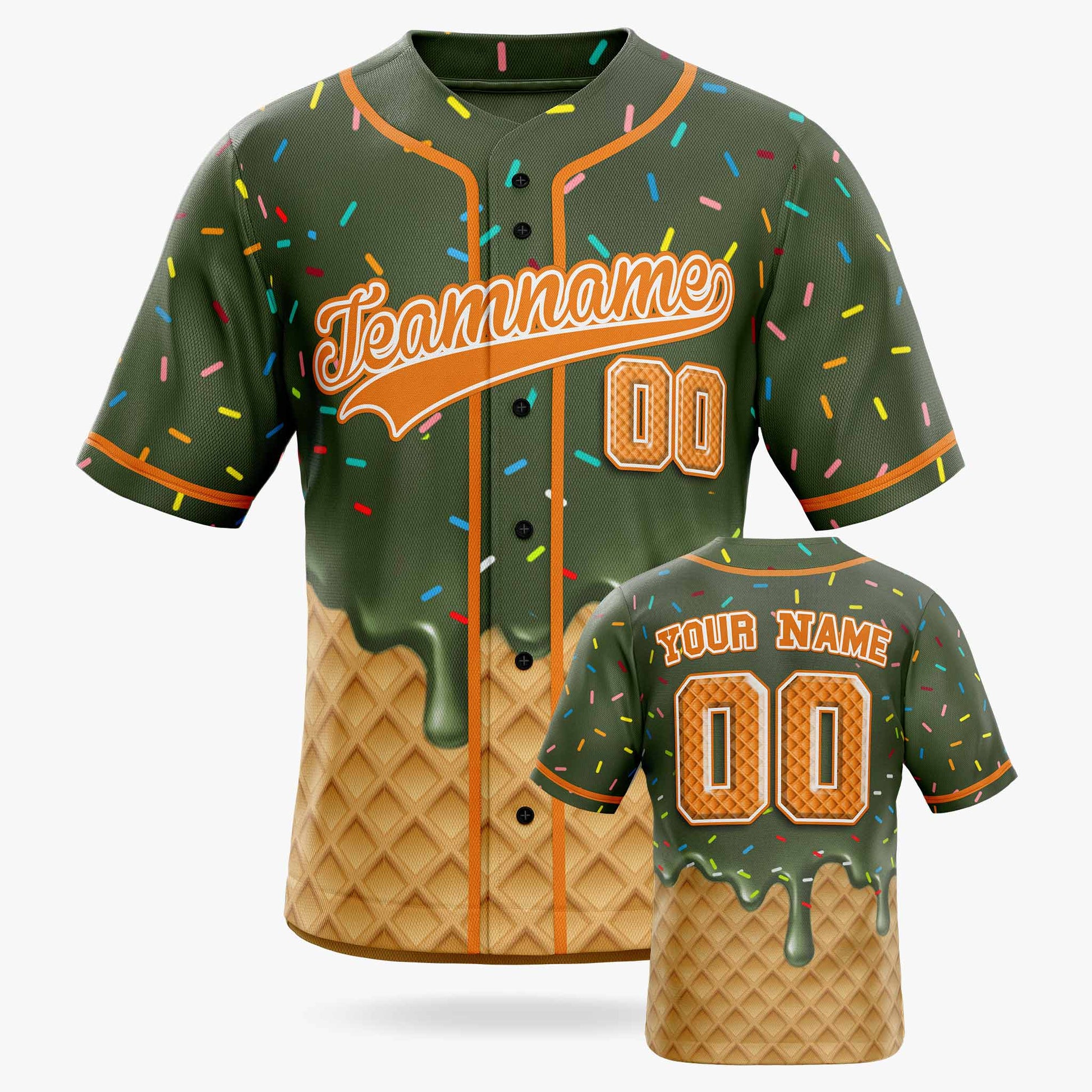 Custom Ice Cream Baseball Jersey Military Green and Orange with Piping - Design Your Own