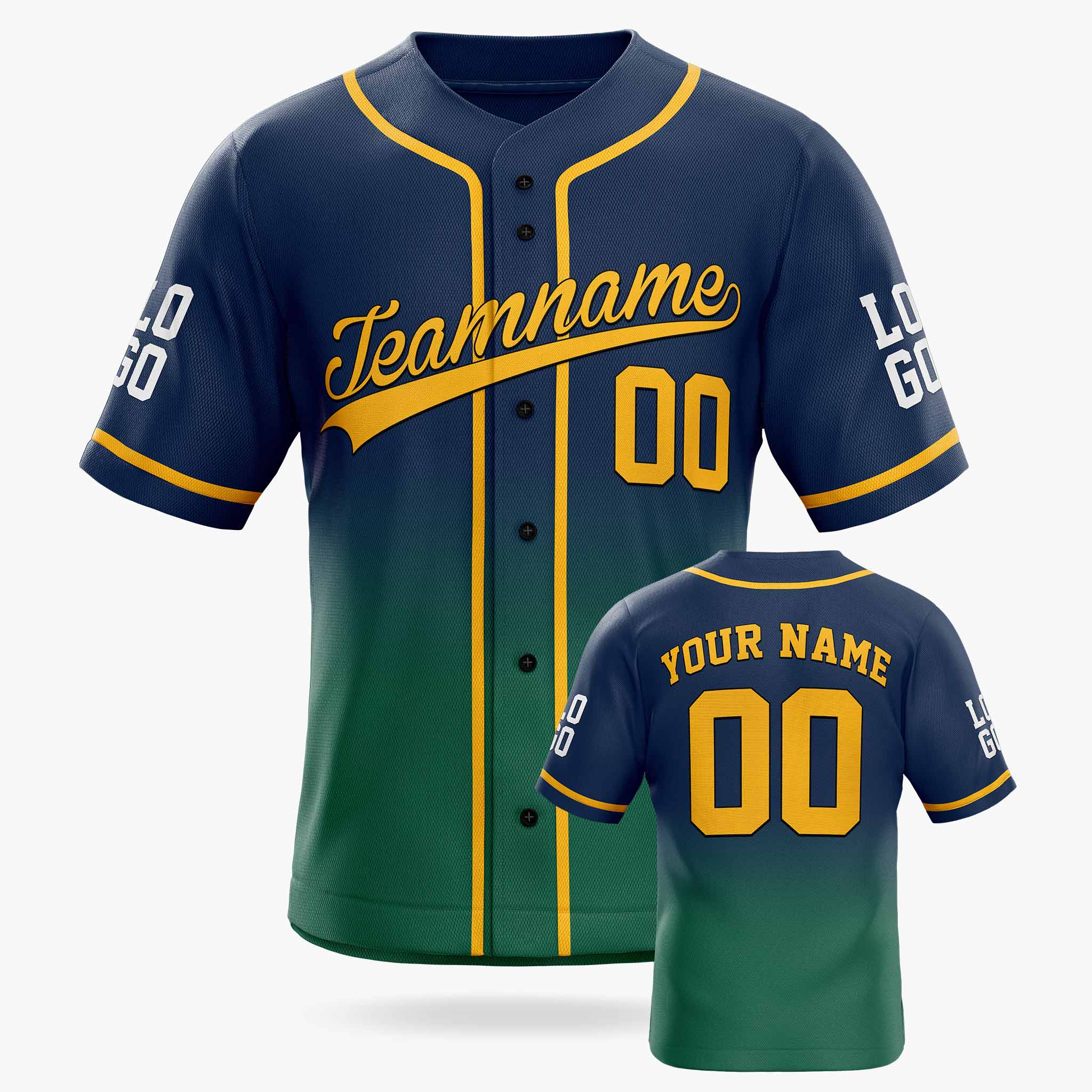 Custom Gradient Baseball Jersey Navy and Green With Piping - Design Your Own