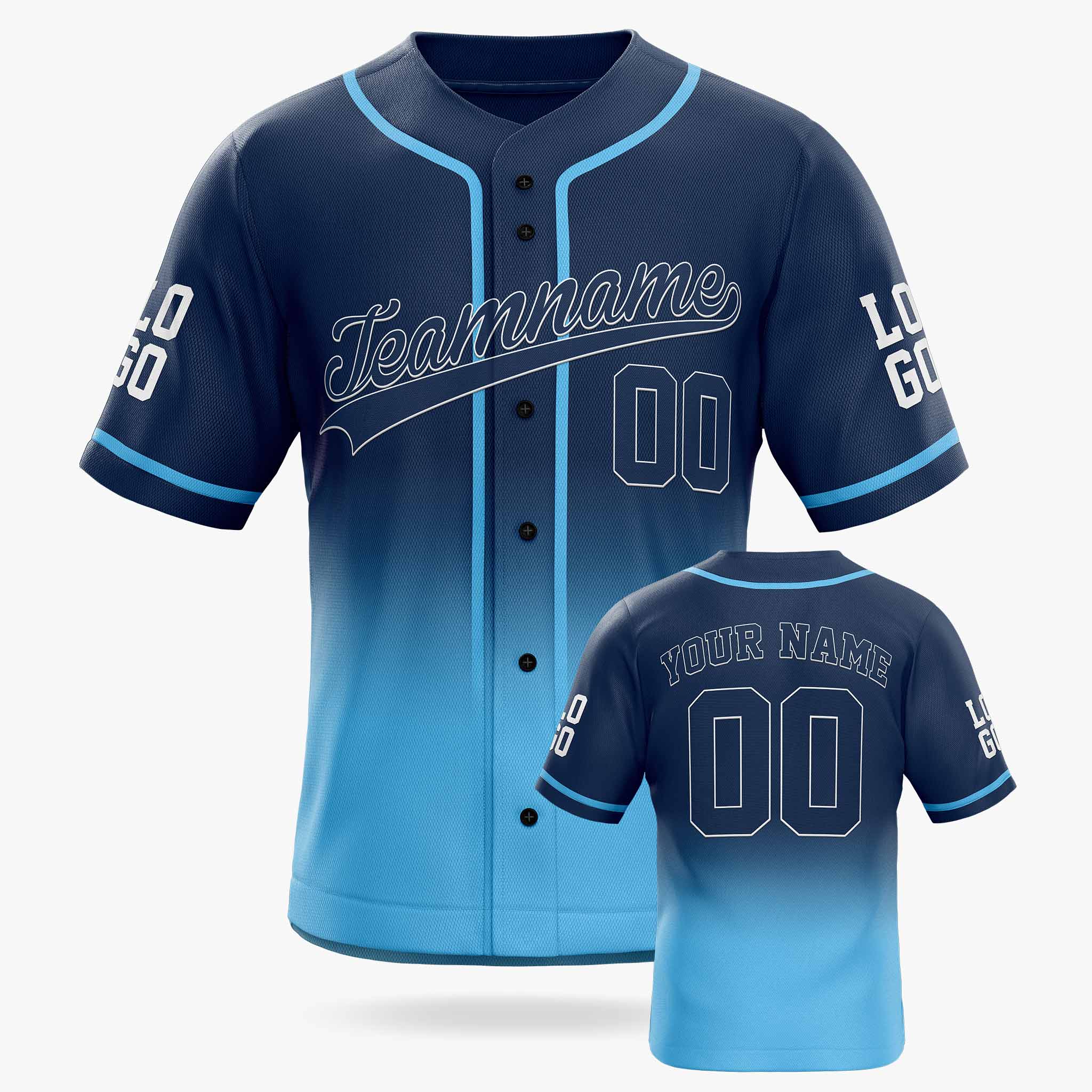 Custom Gradient Baseball Jersey Navy and Light Blue With Piping - Design Your Own