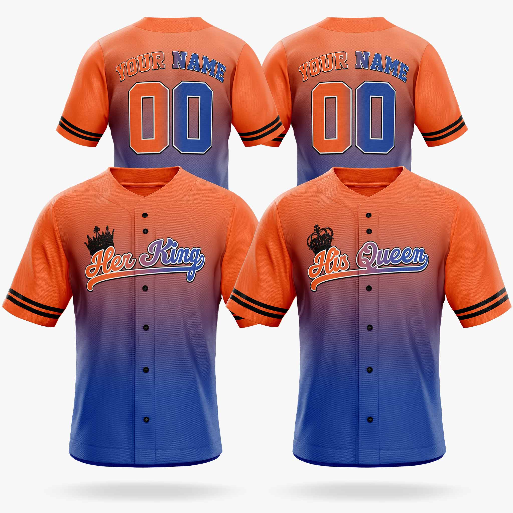 Custom Matching Couple Jerseys Gradient Orange and Cobalt - Her King and His Queen - Design Your Own