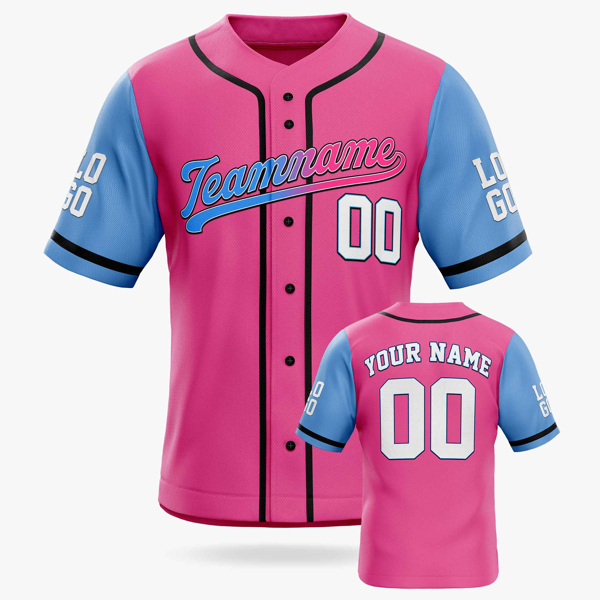 Custom Baseball Jersey Pink and Blue With Black Piping - Design Your Own
