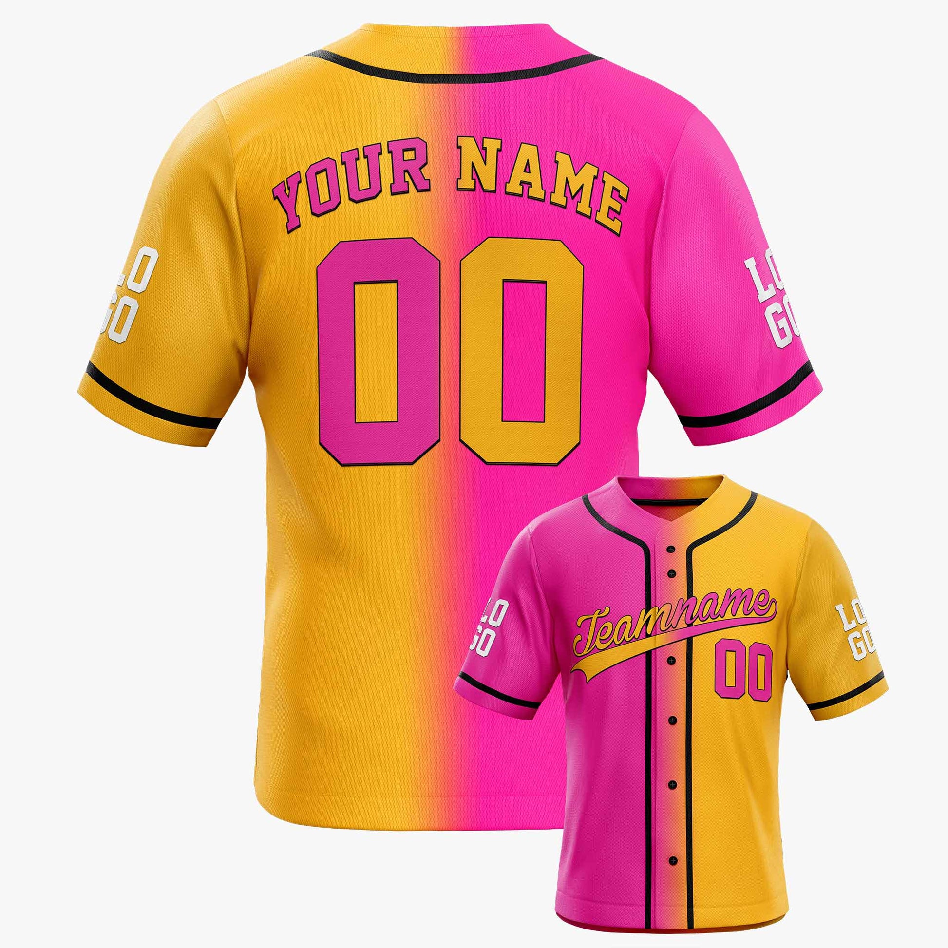 Custom Gradient Baseball Jersey Pink and Yellow With Black Piping - Design Your Own