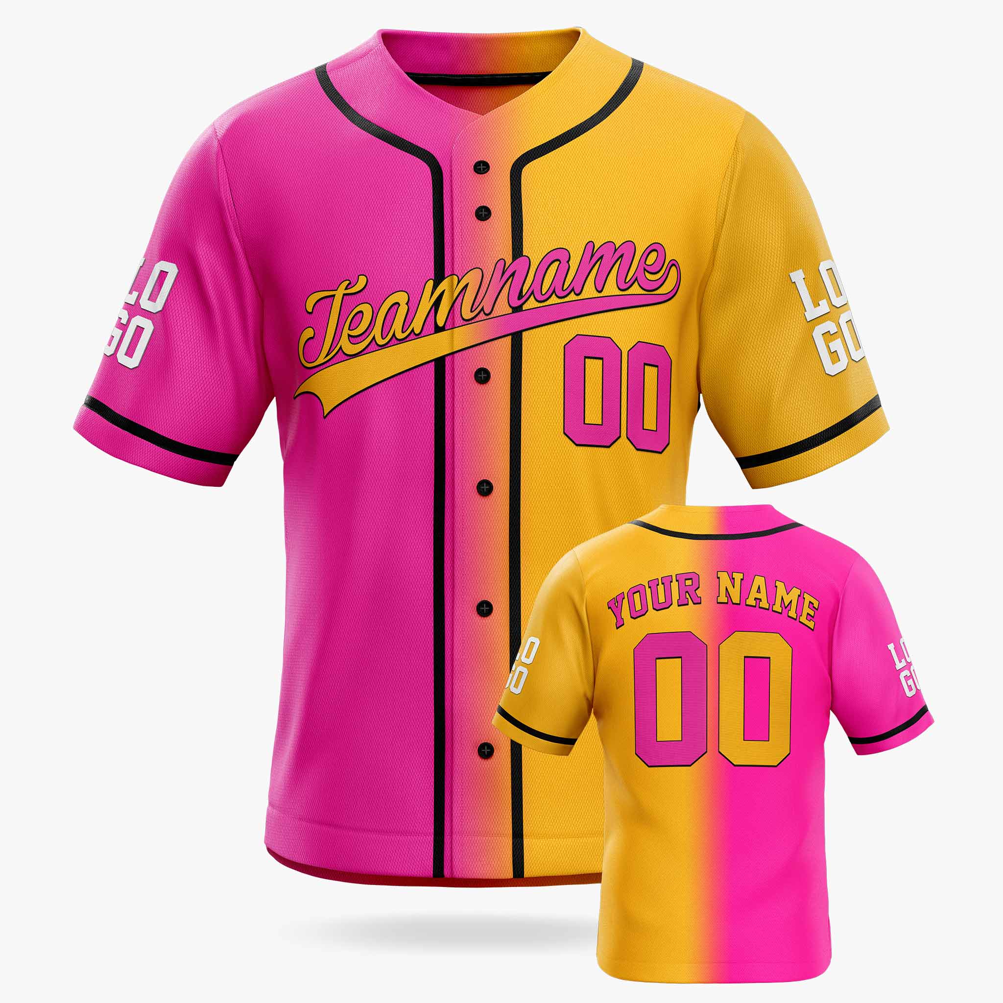 Custom Gradient Baseball Jersey Pink and Yellow With Black Piping - Design Your Own