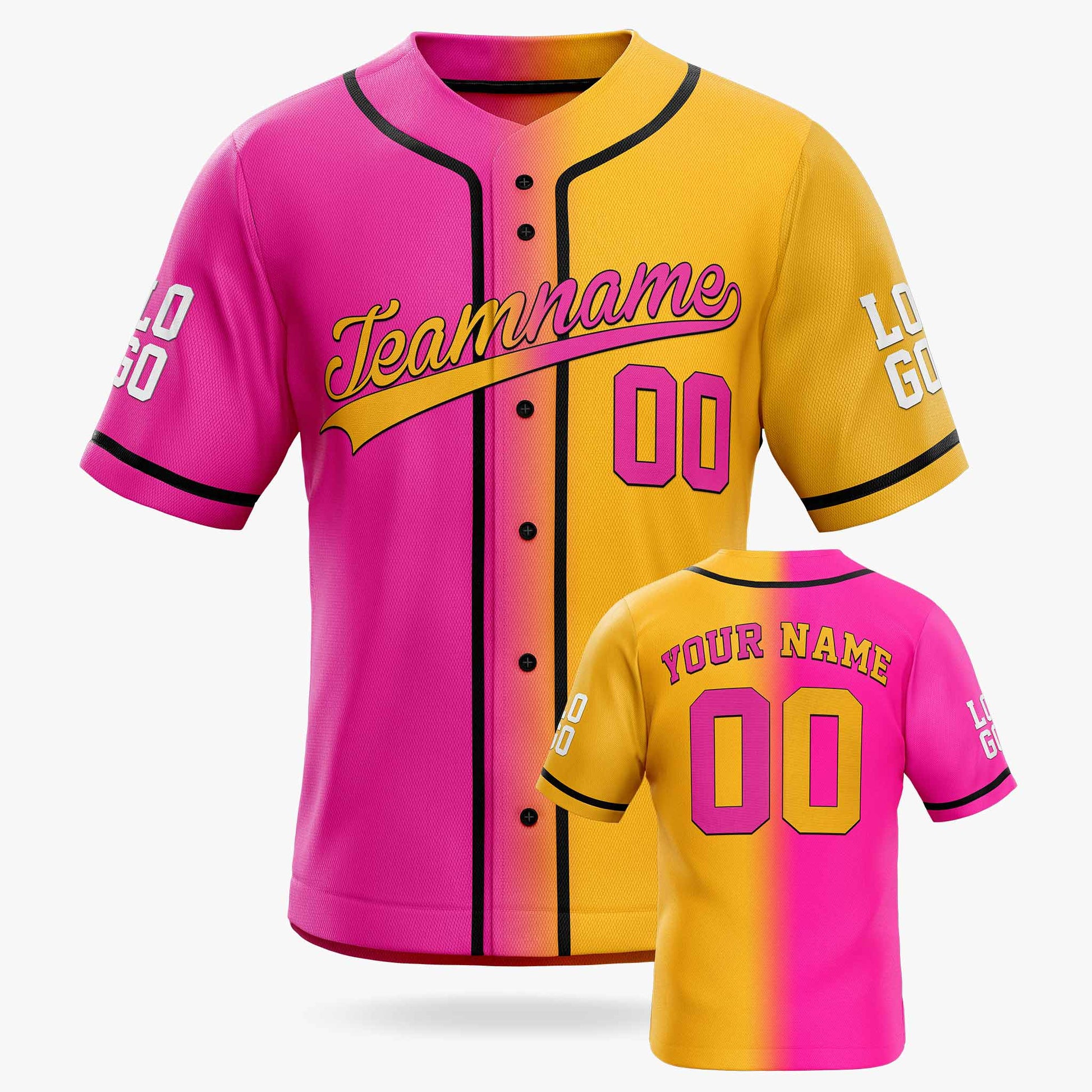 Custom Gradient Baseball Jersey Pink and Yellow With Black Piping - Design Your Own