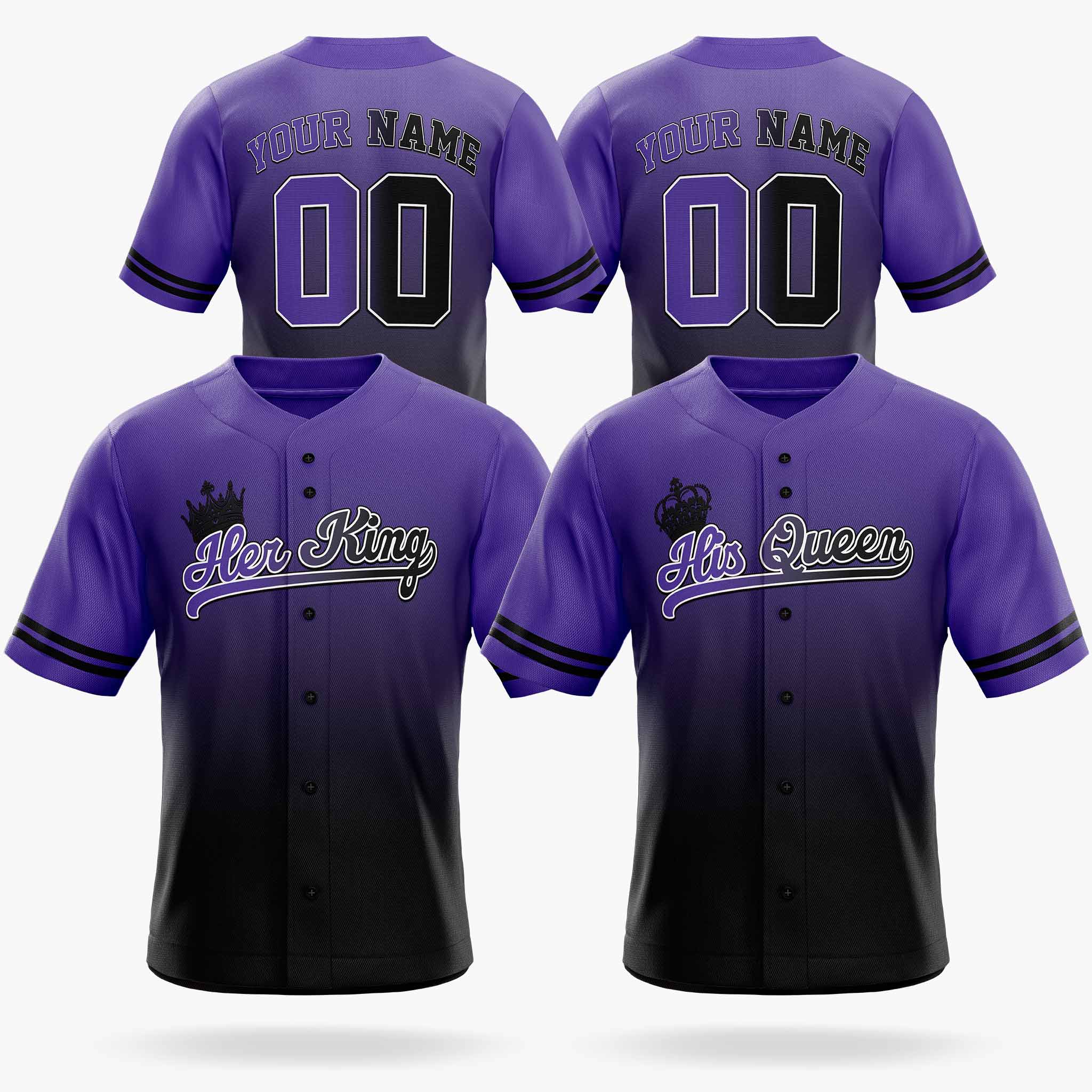 Custom Matching Couple Jerseys Gradient Purple and Black - Her King and His Queen - Design Your Own