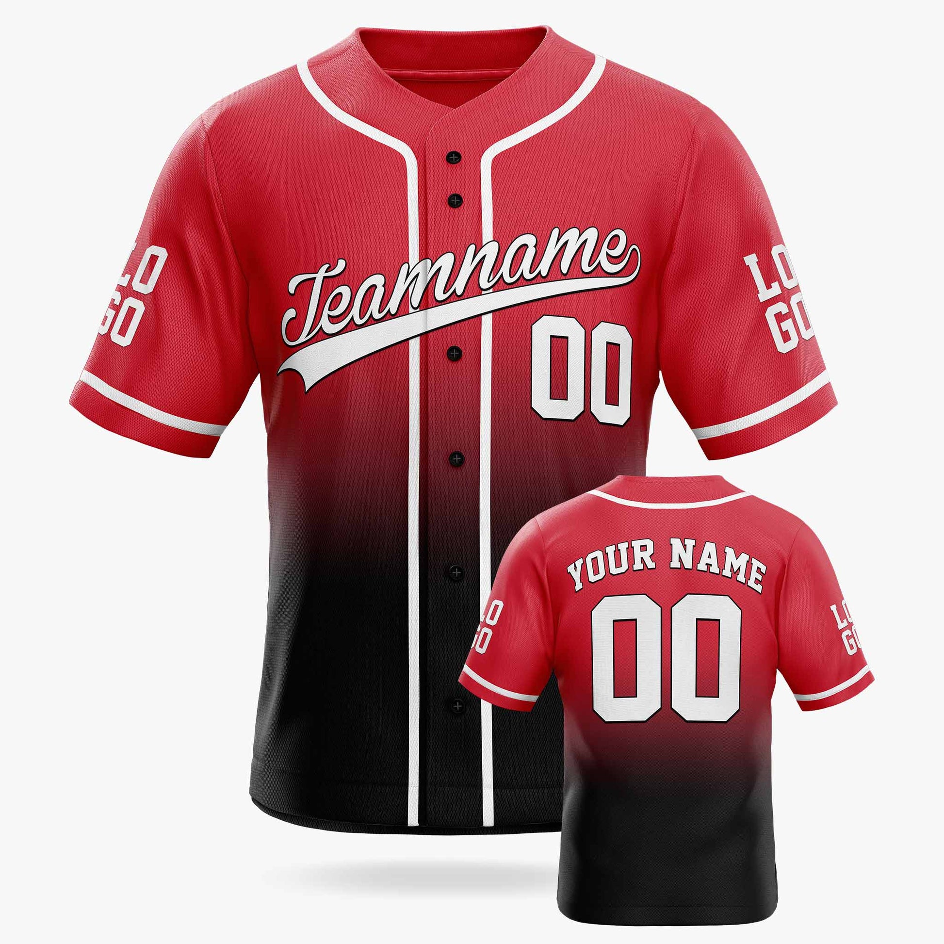 Custom Gradient Baseball Jersey Red and Black With Piping - Design Your Own