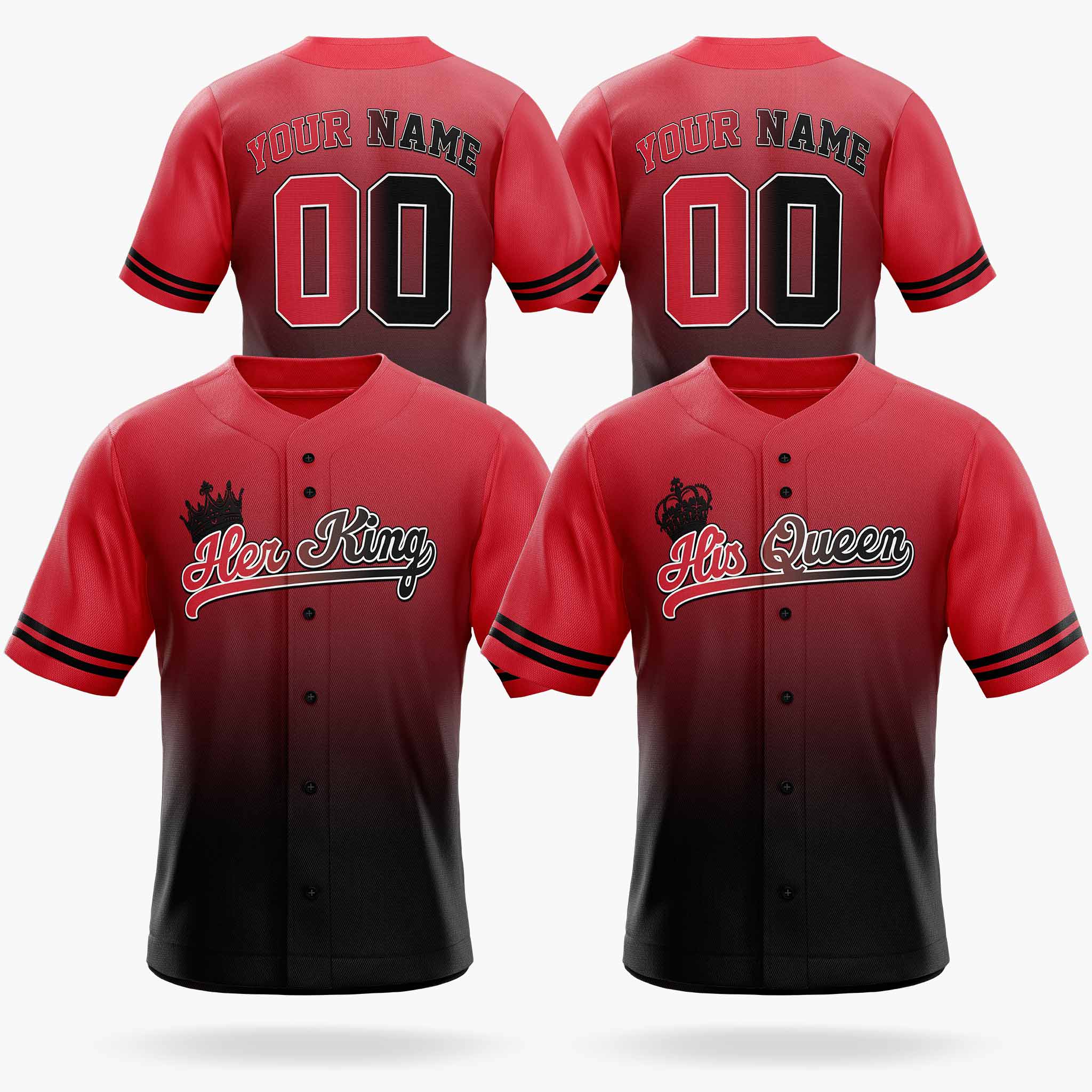 Custom Matching Couple Jerseys Gradient Red and Black - Her King and His Queen - Design Your Own
