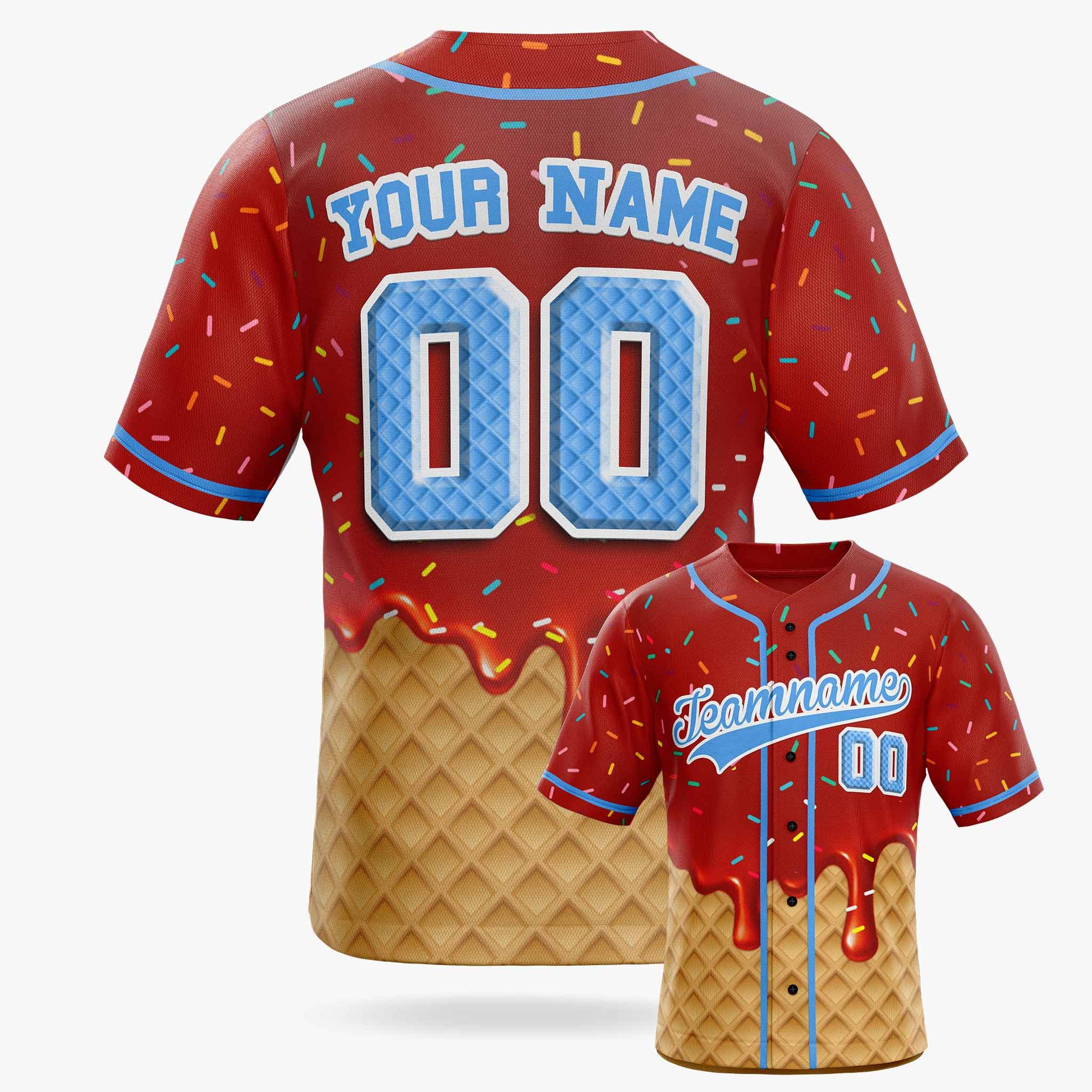 Custom Ice Cream Baseball Jersey Red and Blue with Piping - Design Your Own