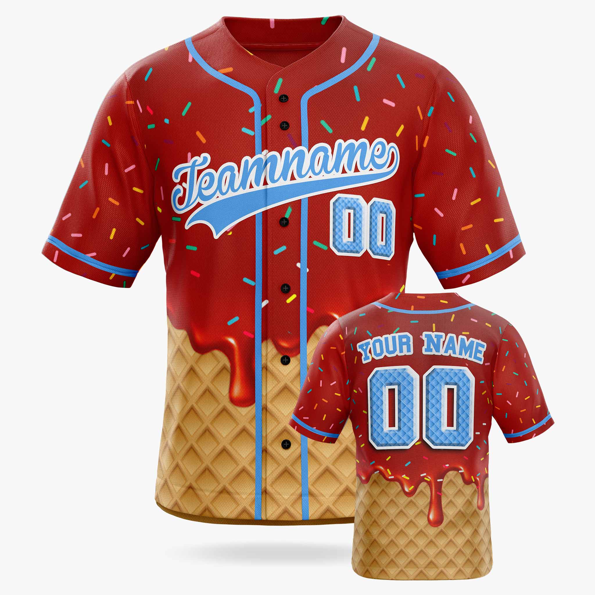 Custom Ice Cream Baseball Jersey Red and Blue with Piping - Design Your Own