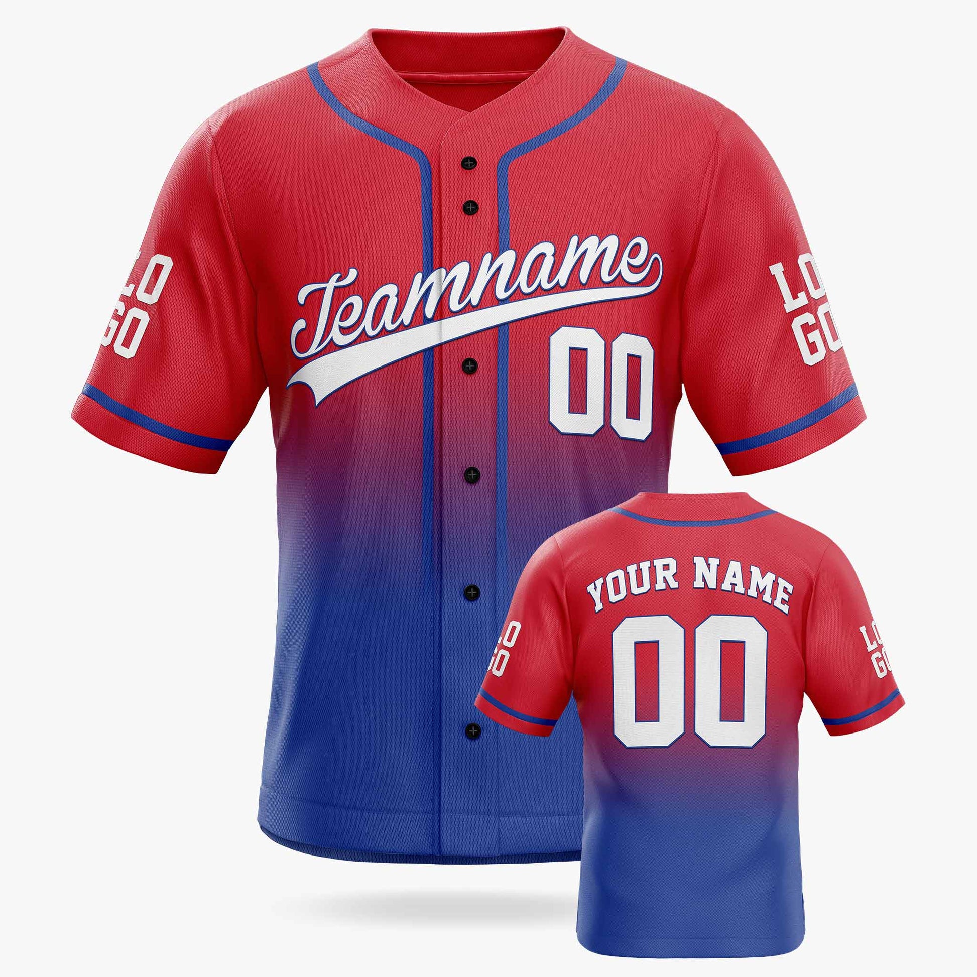 Custom Gradient Baseball Jersey Red and Cobalt With Piping - Design Your Own