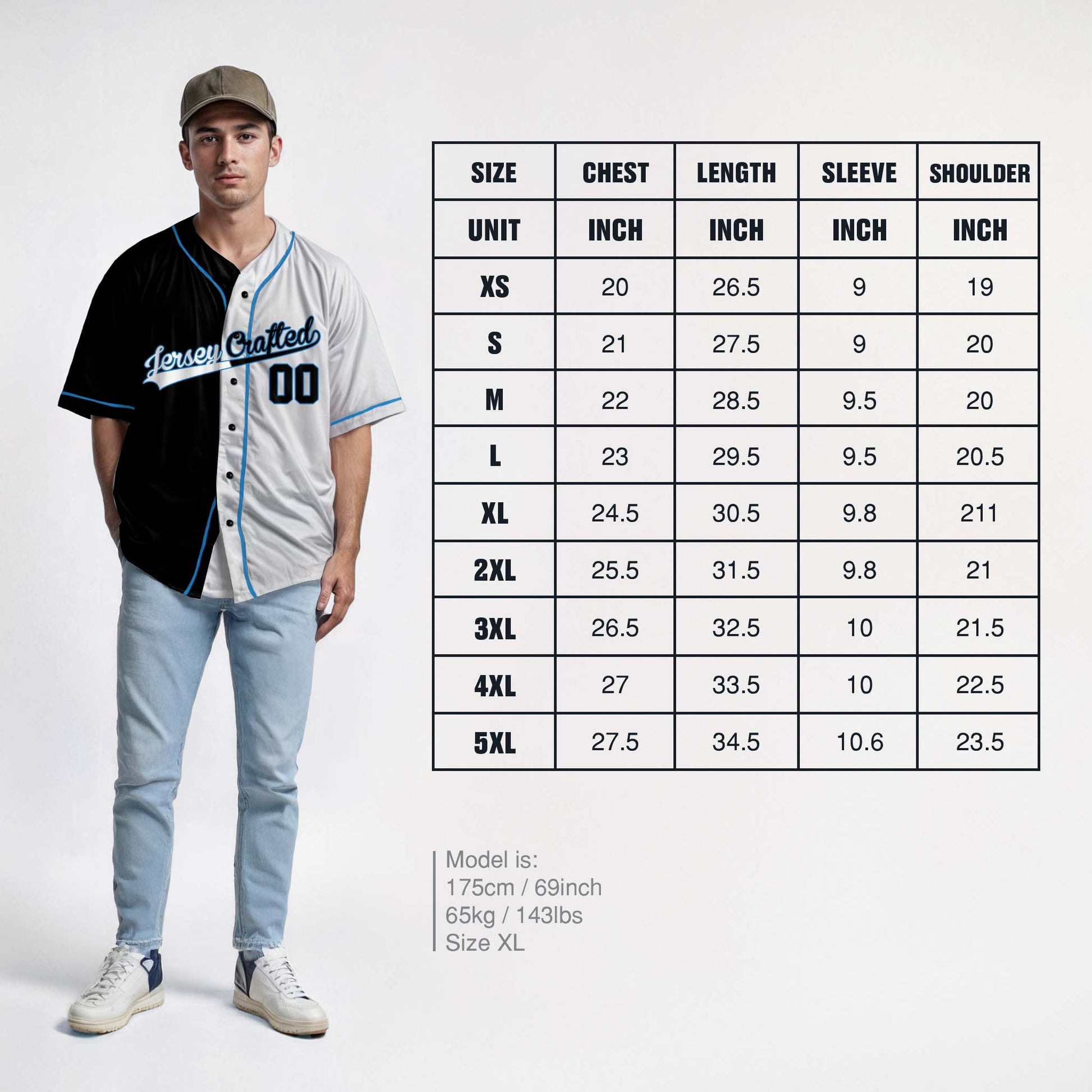 Custom Split Baseball Jersey Black and White with Blue Piping - Design Your Own