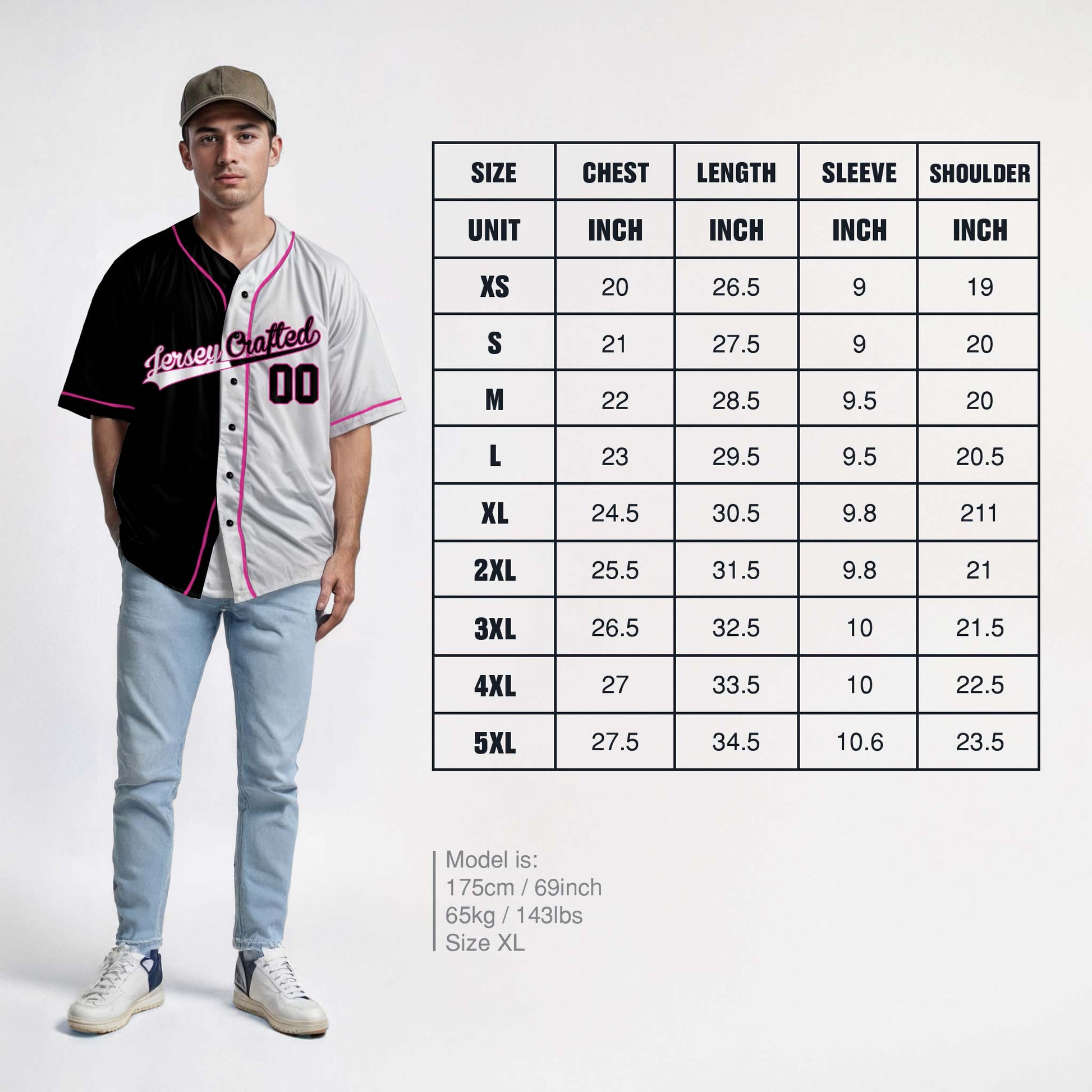 Custom Split Baseball Jersey Black and White With Pink Piping - Design Your Own