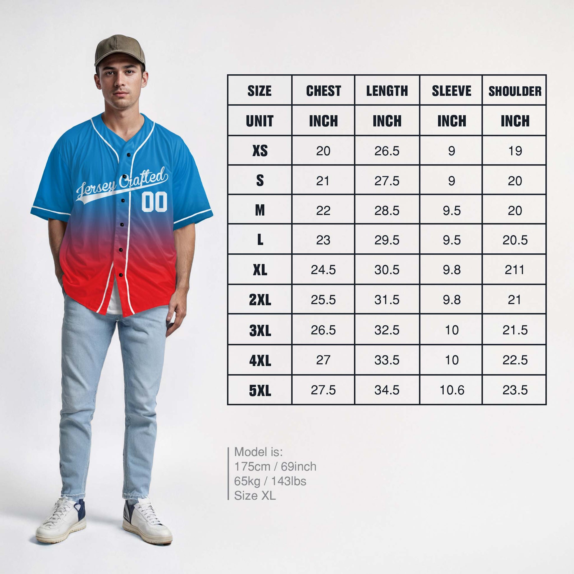 Custom Gradient Baseball Jersey Blue and Red With White Piping - Design Your Own