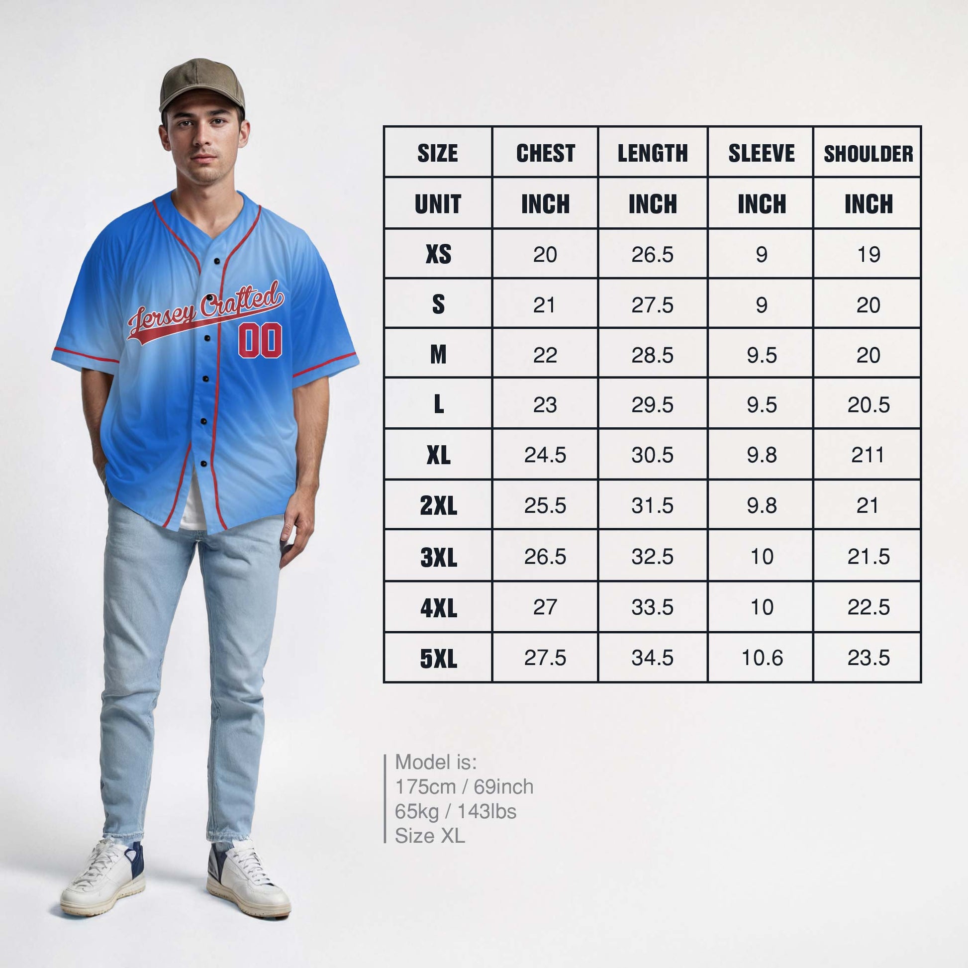 Custom Gradient Baseball Jersey Blue White and Red With Piping - Design Your Own