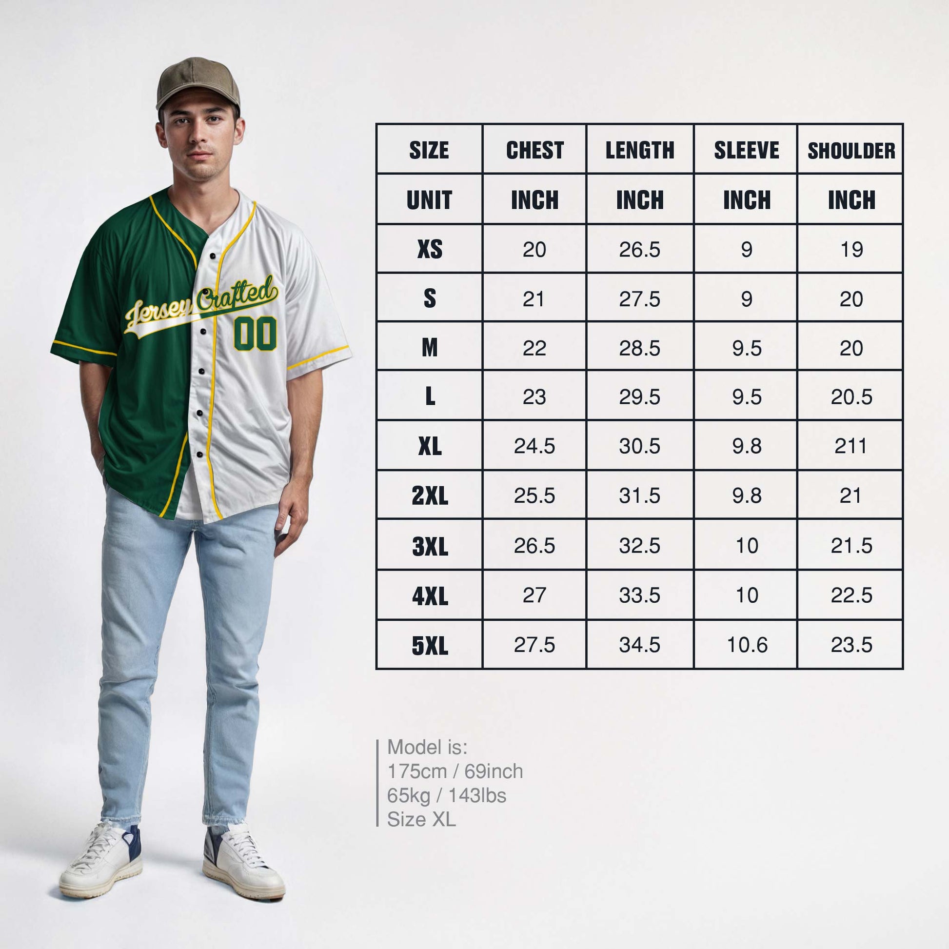 Custom Split Baseball Jersey Green and White With Yellow Piping - Design Your Own