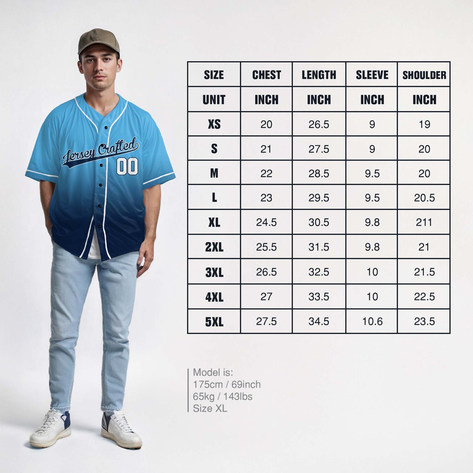 Custom Gradient Baseball Jersey Light Blue and Navy With Piping - Design Your Own