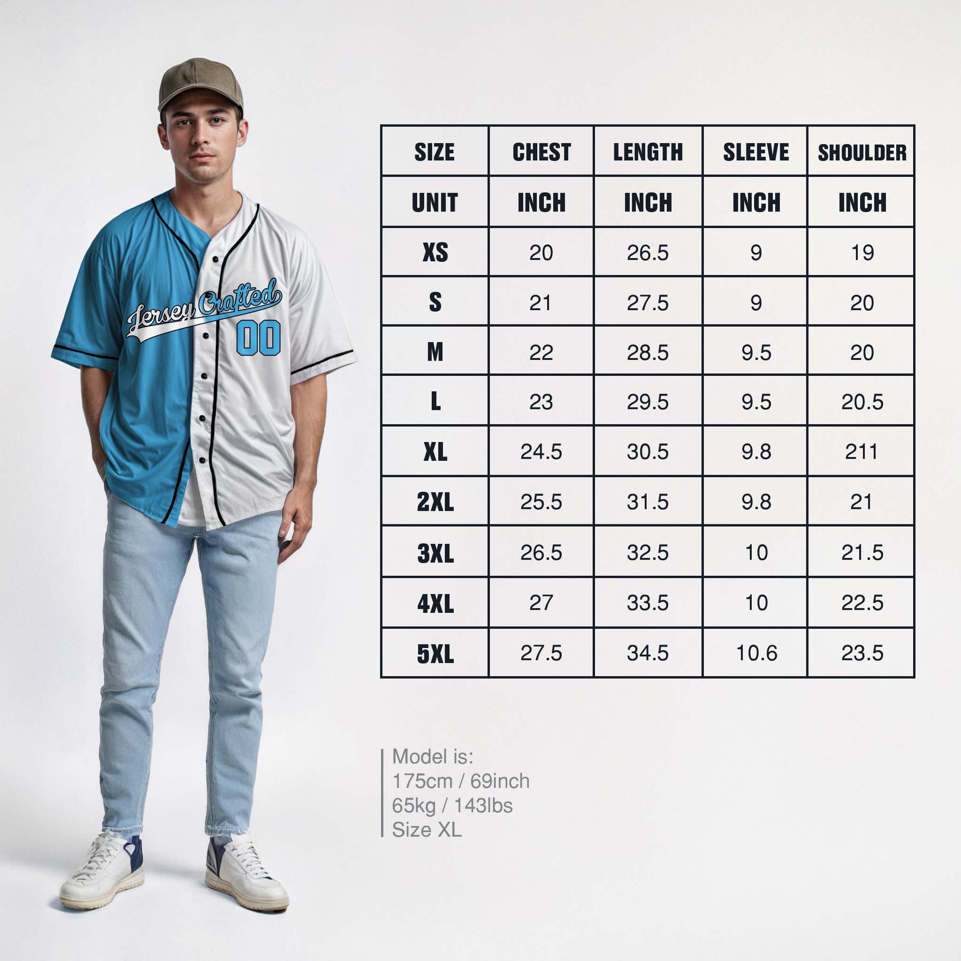Custom Split Baseball Jersey Light Blue and White With Black Piping - Design Your Own