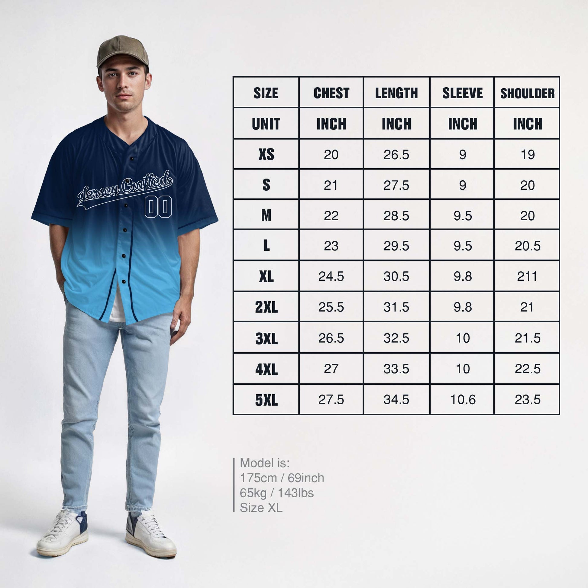 Custom Gradient Baseball Jersey Navy and Light Blue With Piping - Design Your Own