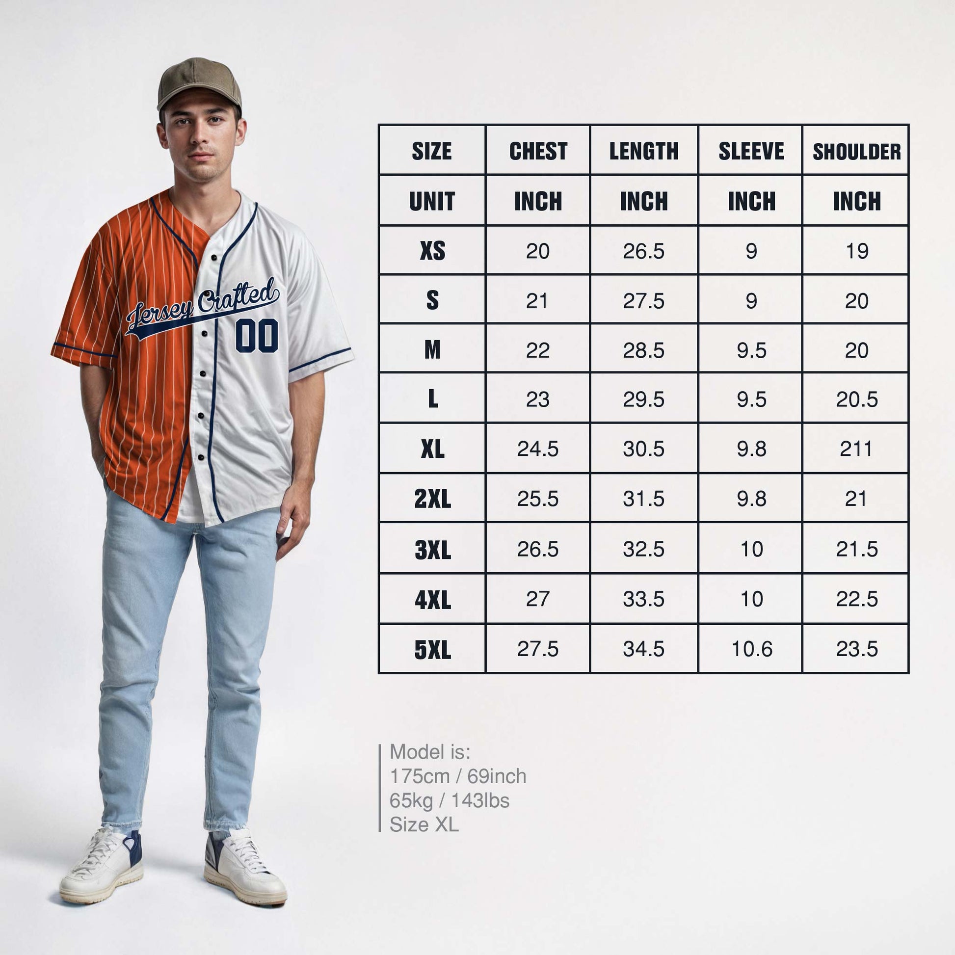 Custom Pinstripe Split Baseball Jersey Orange and White with Navy Piping - Design Your Own