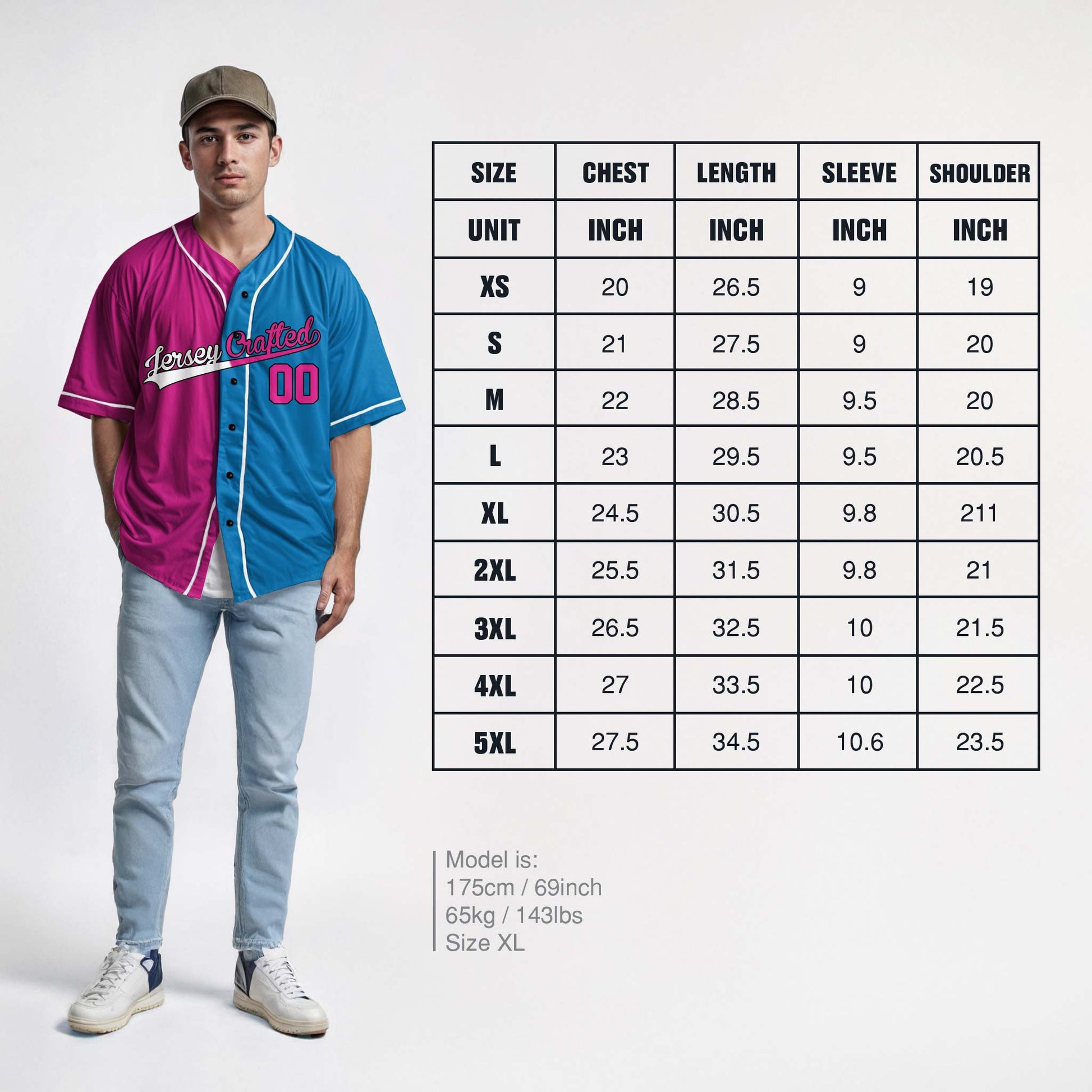 Custom Split Baseball Jersey Pink and Blue With White Piping - Design Your Own