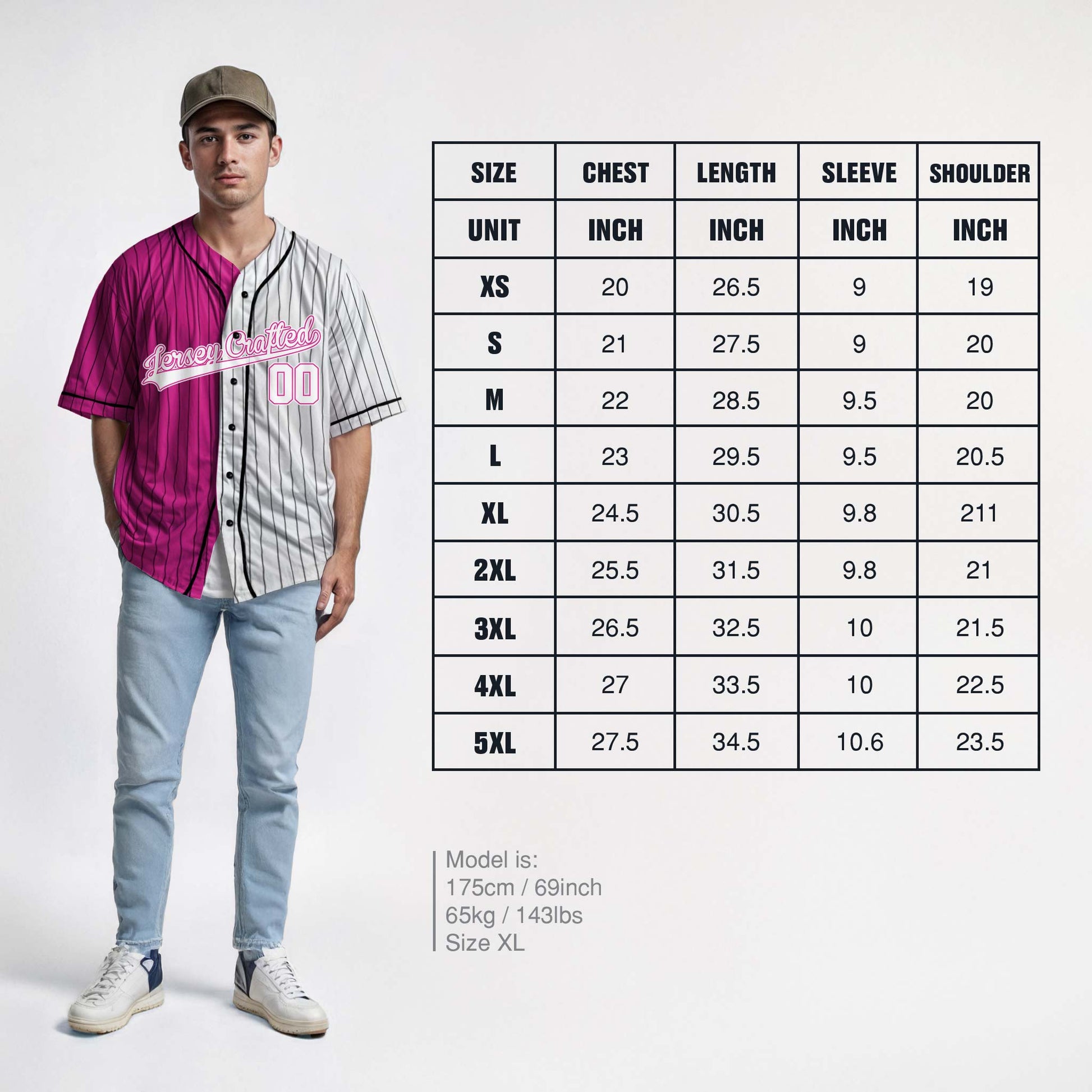 Custom Pinstripe Split Baseball Jersey Pink and White with Black Piping - Design Your Own