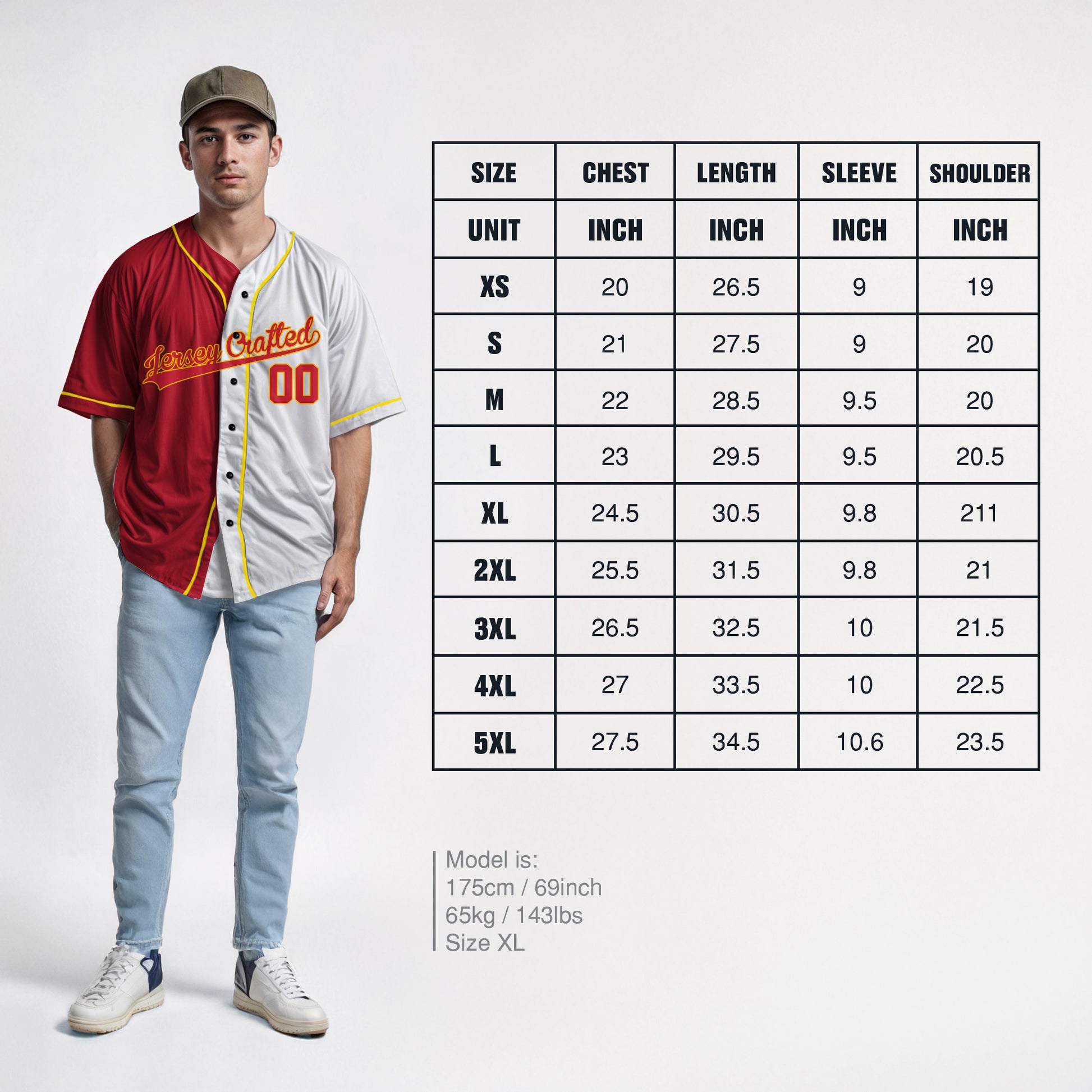 Custom Split Baseball Jersey Red and White With Yellow Piping - Design Your Own