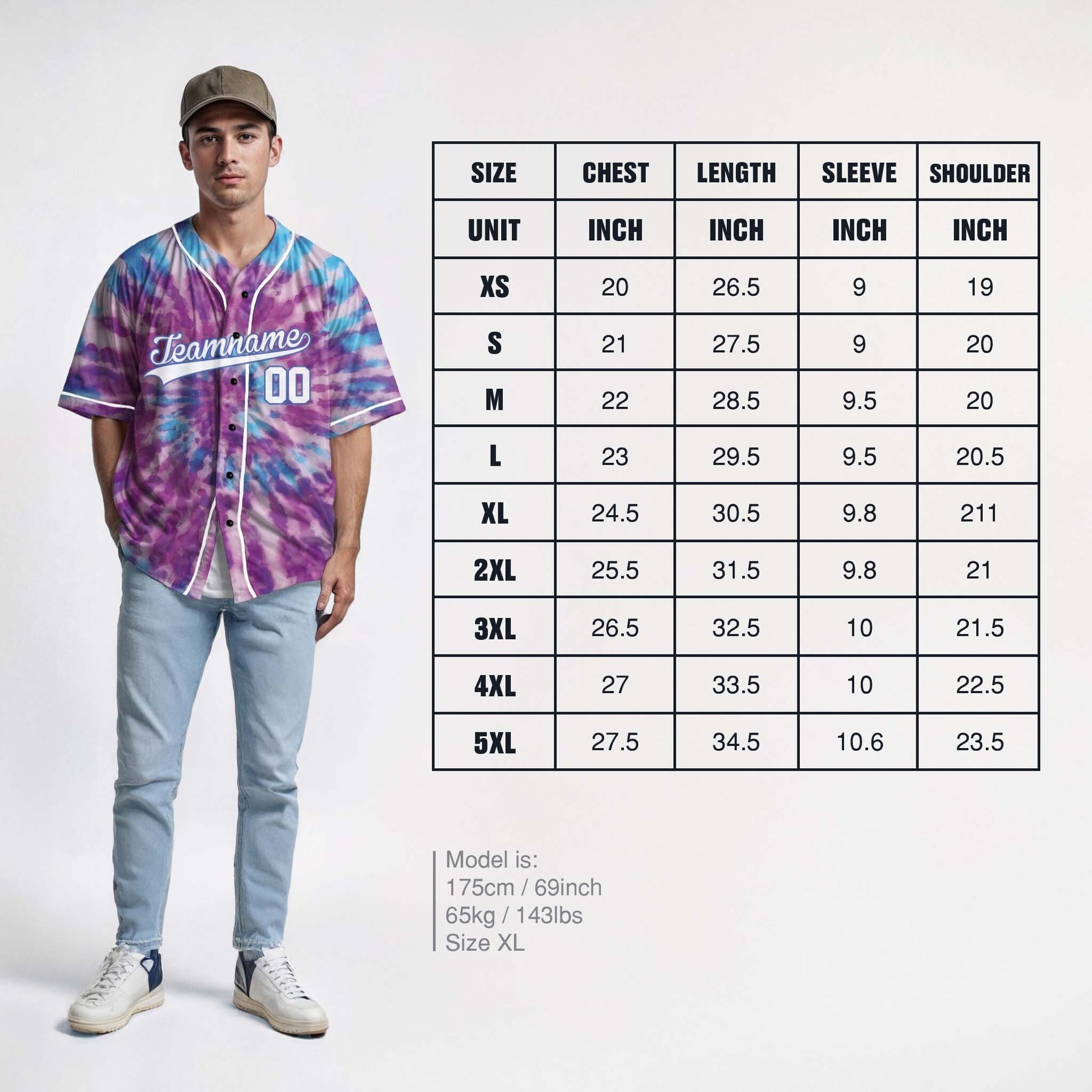 Custom Tie Dye Baseball Jersey Purple and Blue With White Piping - Design Your Own