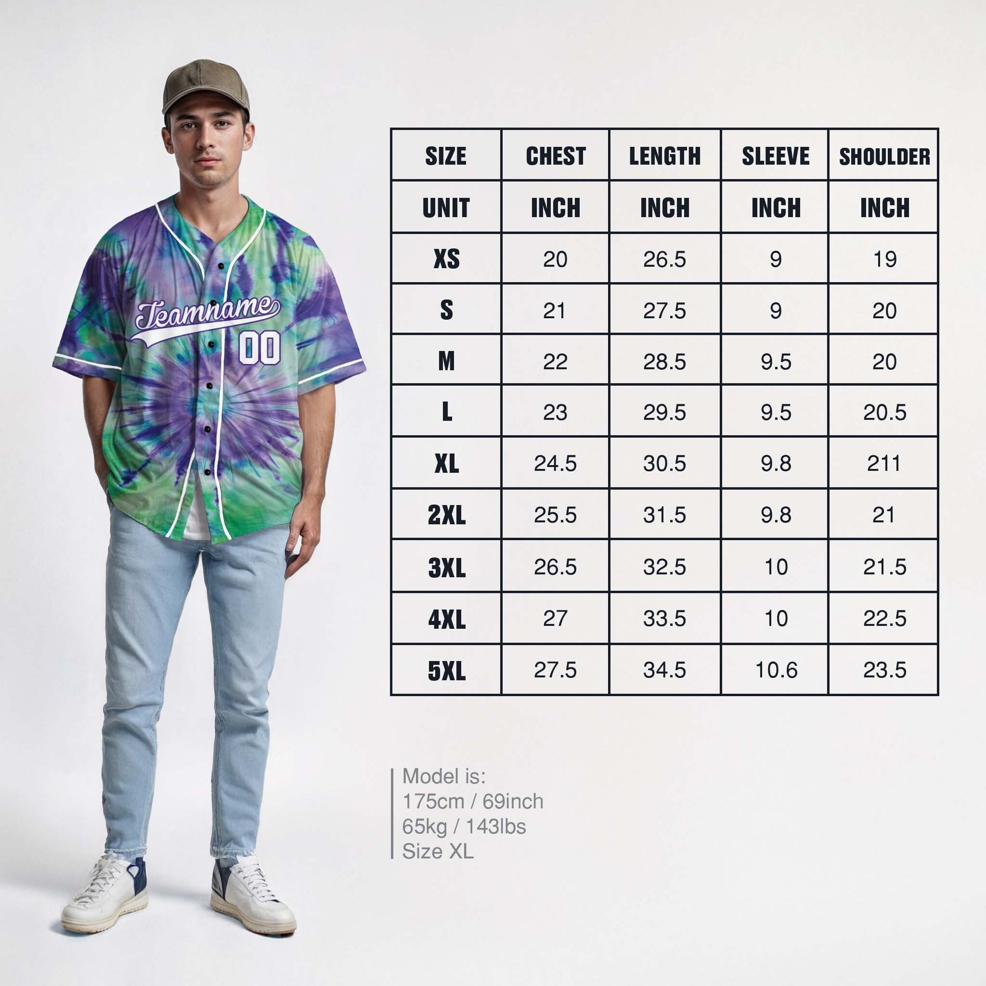 Custom Tie Dye Baseball Jersey Purple and Green With White Piping - Design Your Own