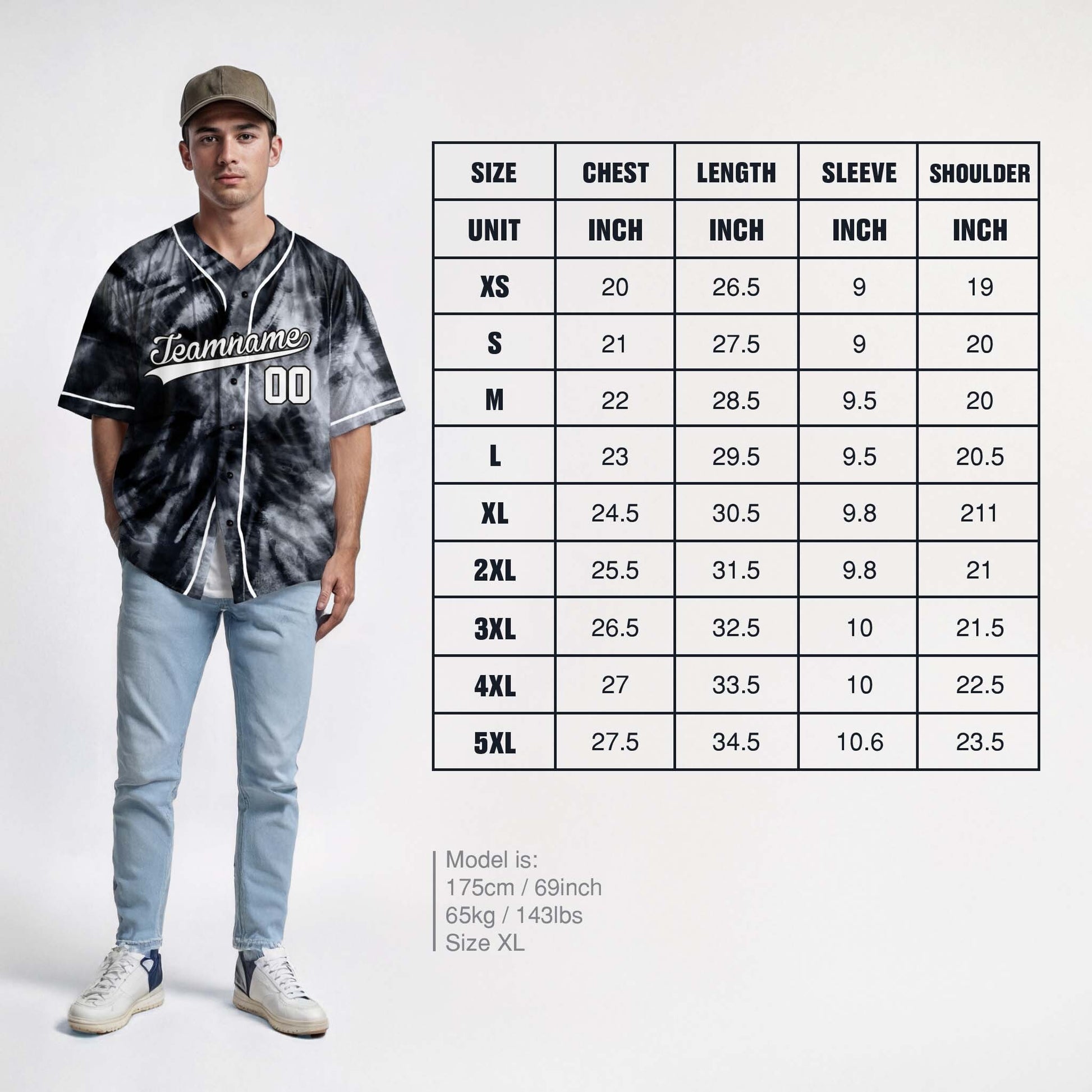 Custom Tie Dye Baseball Jersey Black and White With Piping - Design Your Own