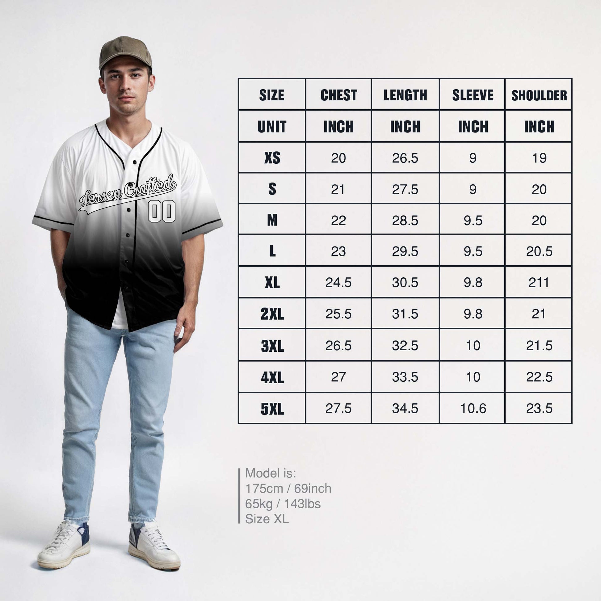 Custom Gradient Baseball Jersey White and Black With Piping - Design Your Own
