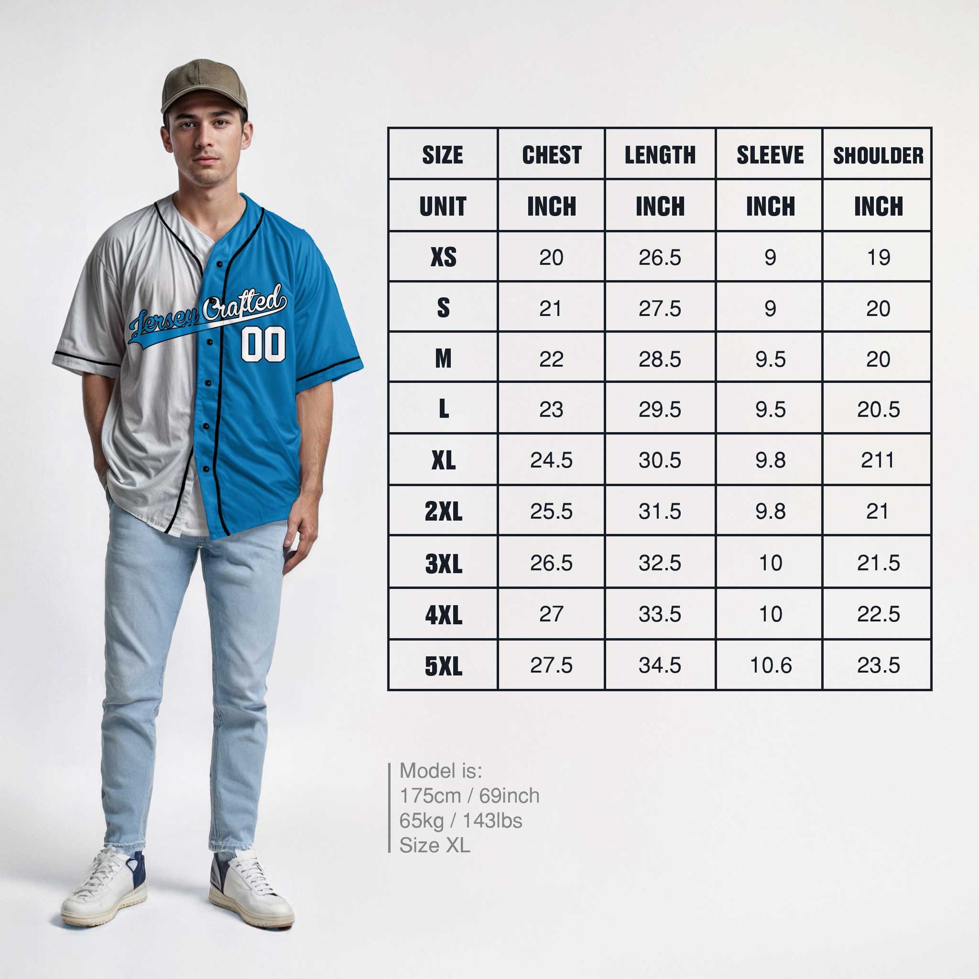 Custom Split Baseball Jersey White and Blue with Black Piping - Design Your Own