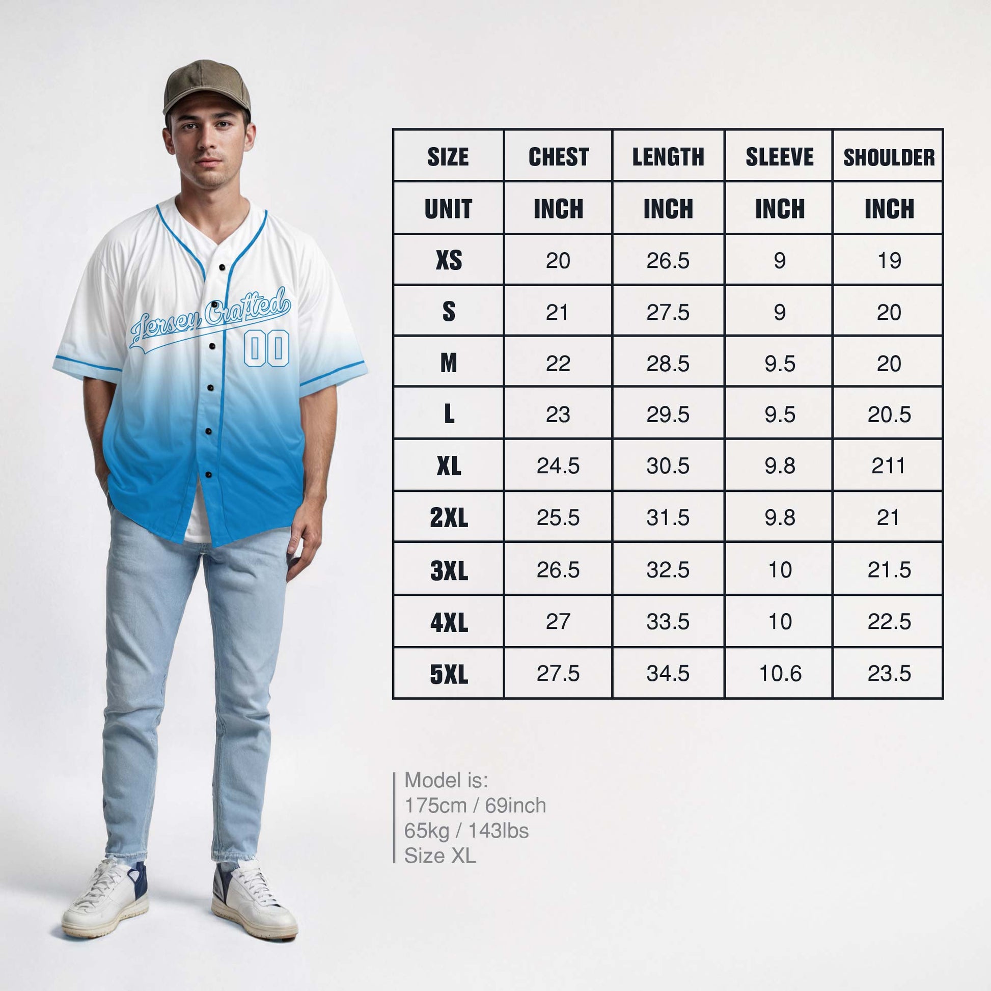 Custom Gradient Baseball Jersey White and Light Blue With Piping - Design Your Own