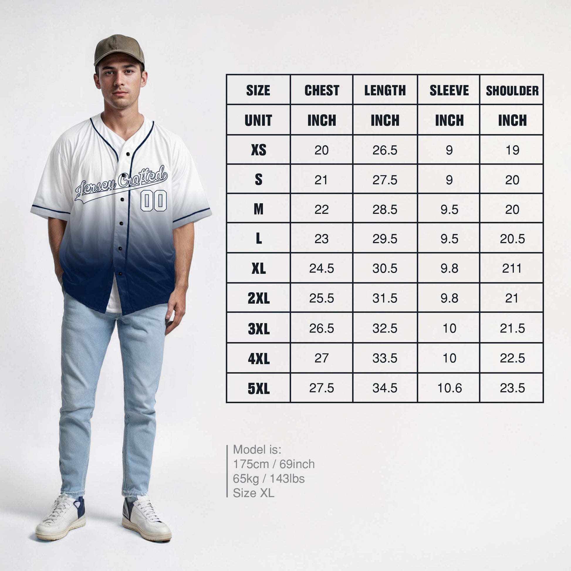 Custom Gradient Baseball Jersey White and Navy With Piping - Design Your Own