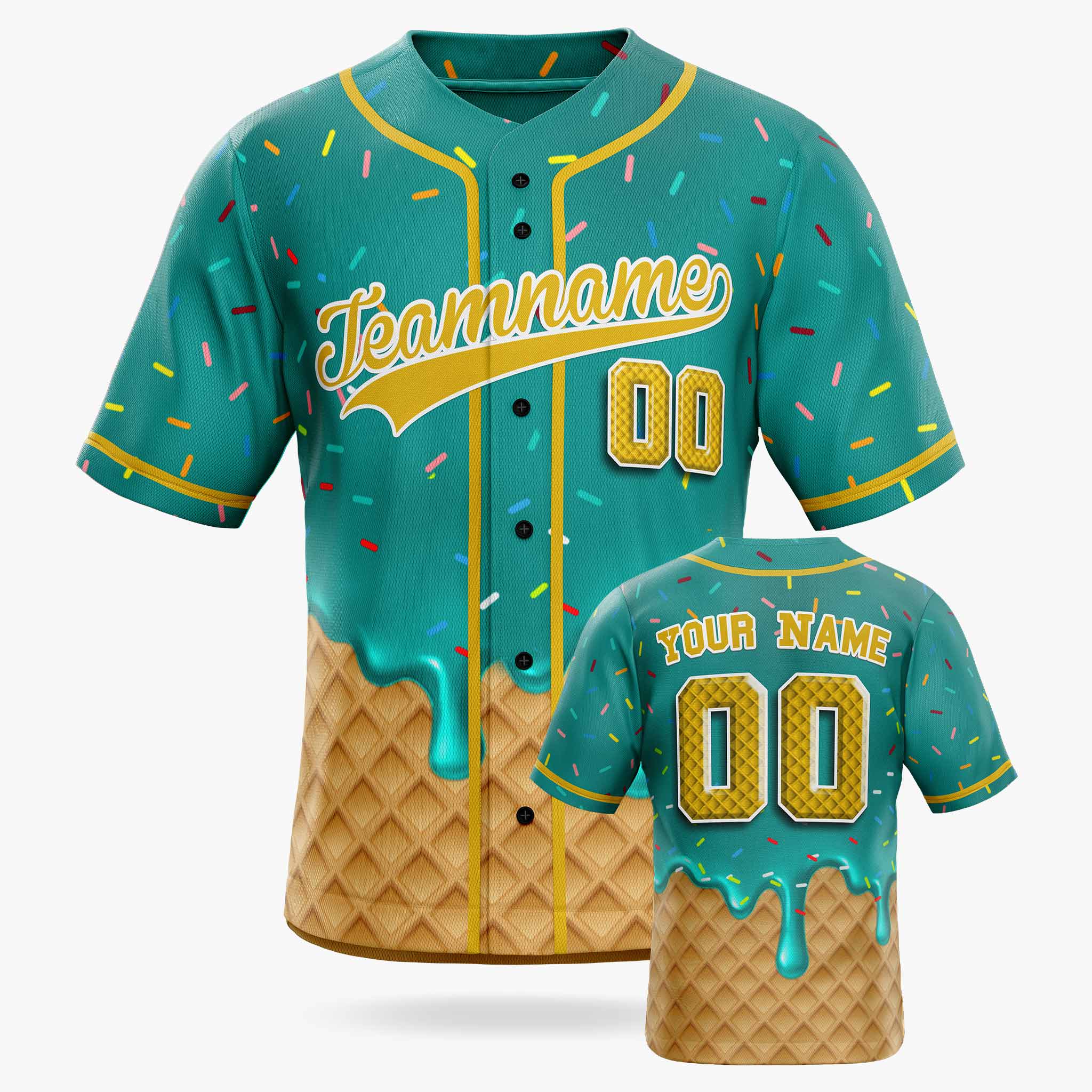Custom Ice Cream Baseball Jersey Teal and Yellow with Piping - Design Your Own