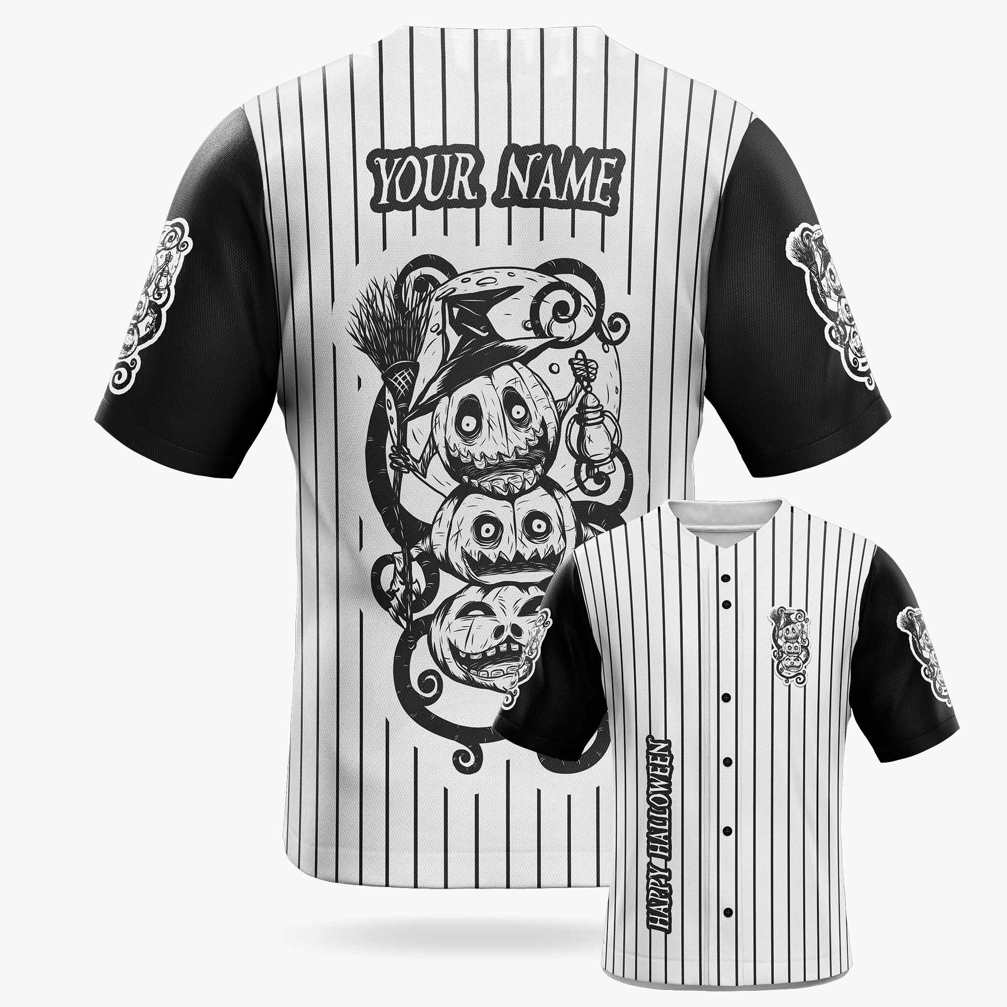 Custom Halloween Baseball Jersey - Horror Movie Design Three Pumpkins - Add Your Name