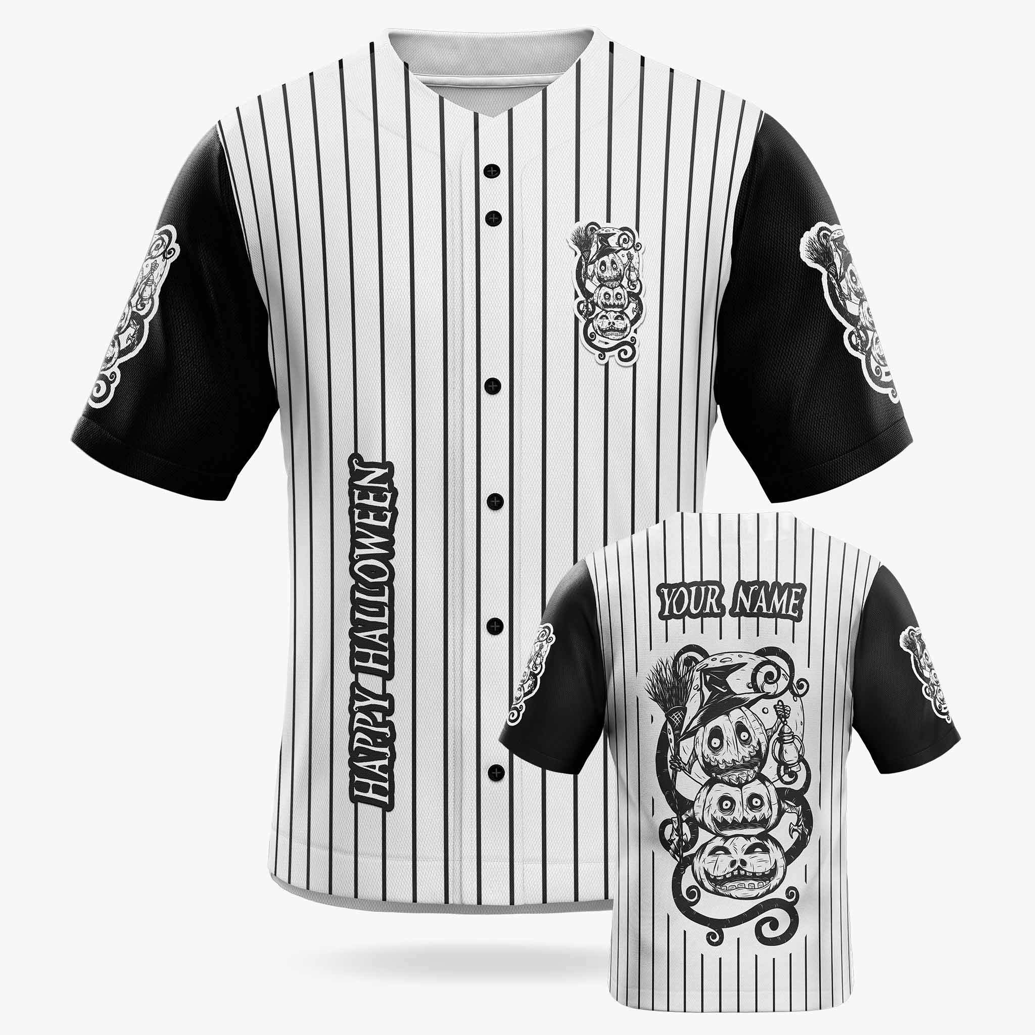 Custom Halloween Baseball Jersey - Horror Movie Design Three Pumpkins - Add Your Name